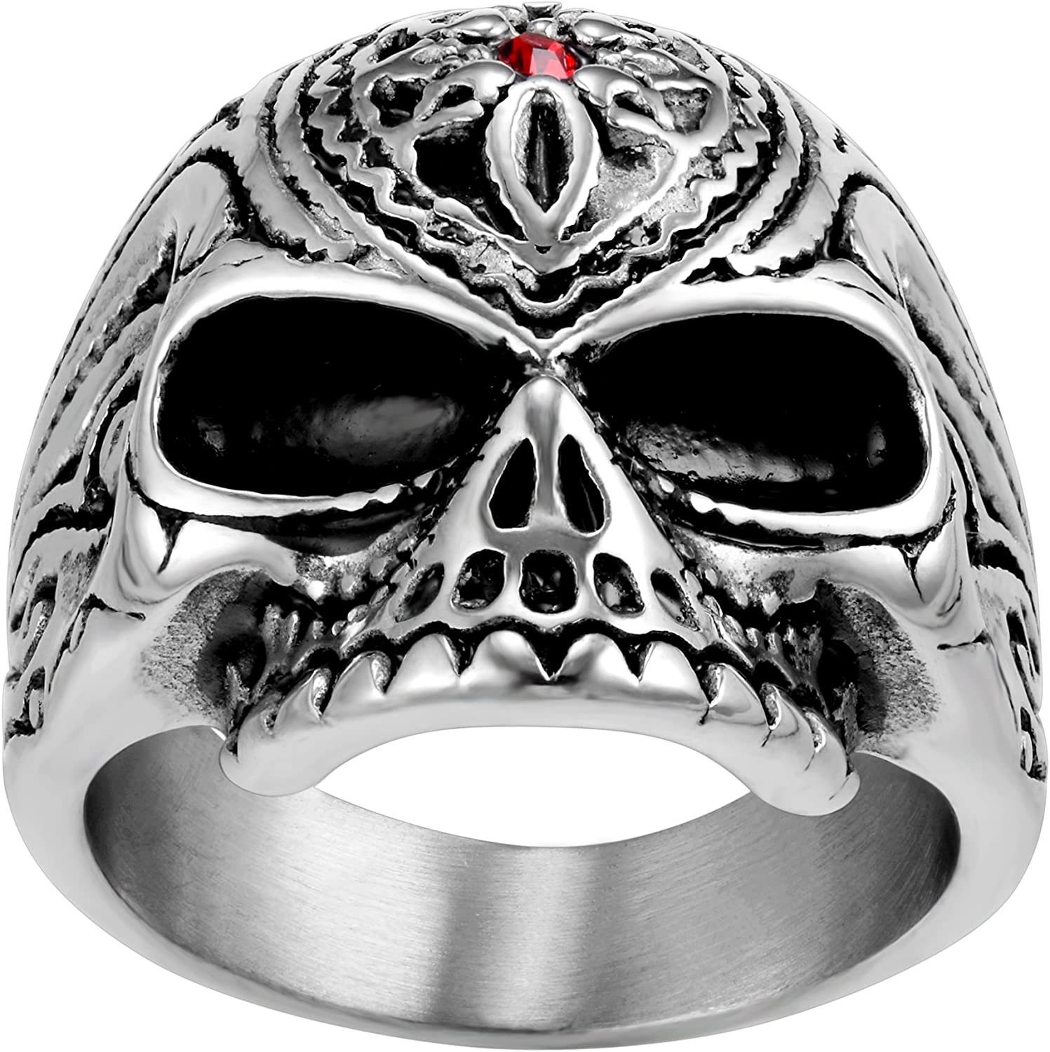 Fingerring Männer - Karisma Herrenring - 1 Karisma Totenkopf 316L Silber Roter RHC109 68 - (21.6) Stein Edestahl