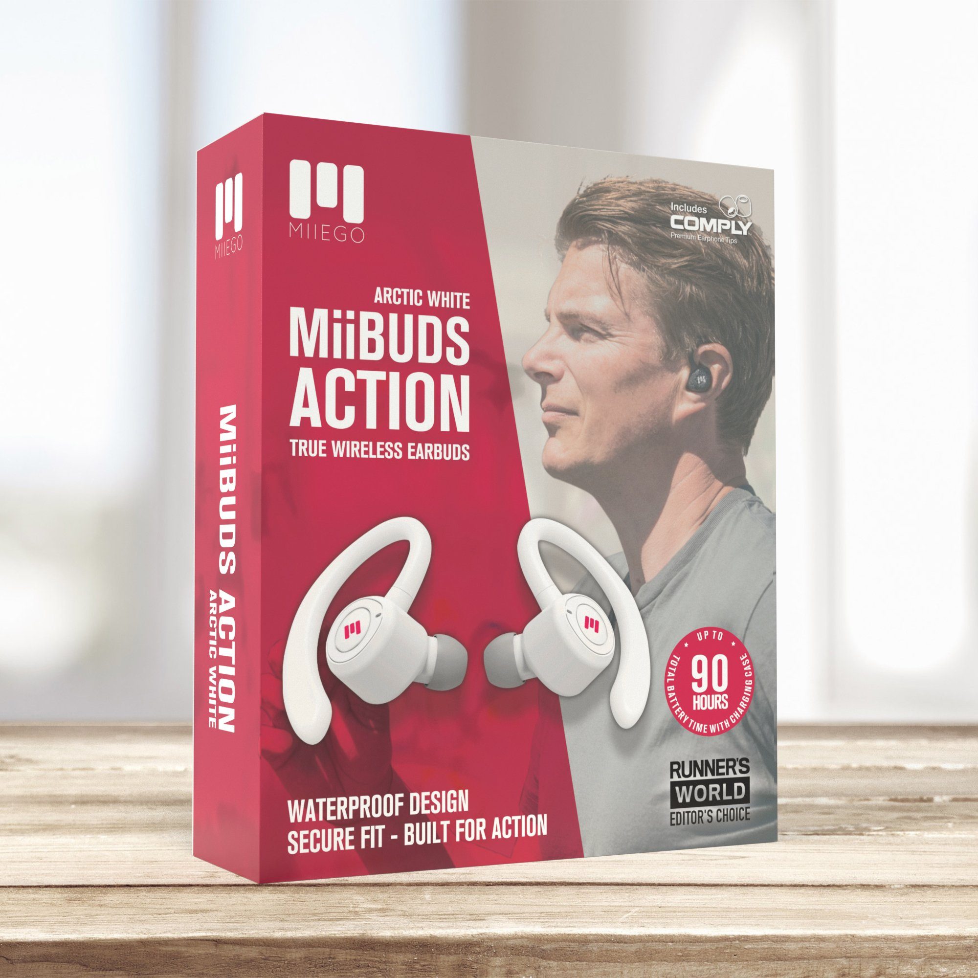 MIIEGO MiiBUDS ACTION II Assistant, Eingebaute Sport-Kopfhörer Testsieger) Arctic Akkulaufzeit, Std. Powerbank, Qi-fähig, (Siri, White Google 90 Bluetooth