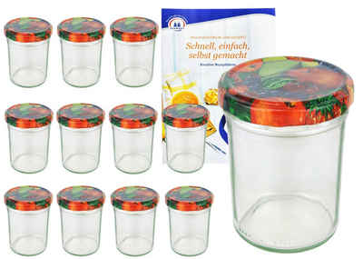 MamboCat Einmachglas 12er Set Sturzglas 230 ml HOCH To 66 Obst Dekor Deckel incl Rezeptheft, Glas