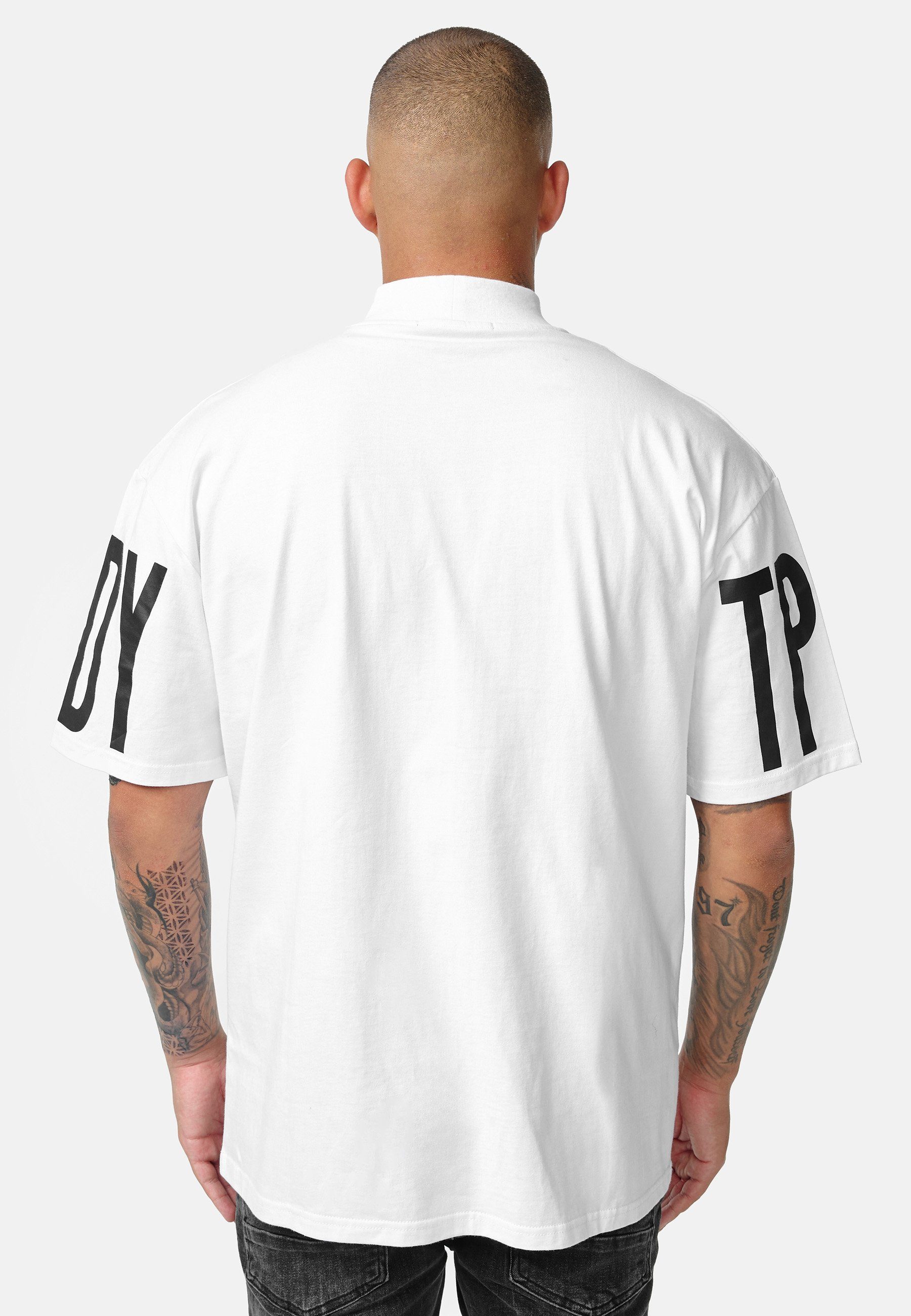 Stoff Oversize-Shirt Weiß Stehkragen Marlo dicker Logoprint trueprodigy