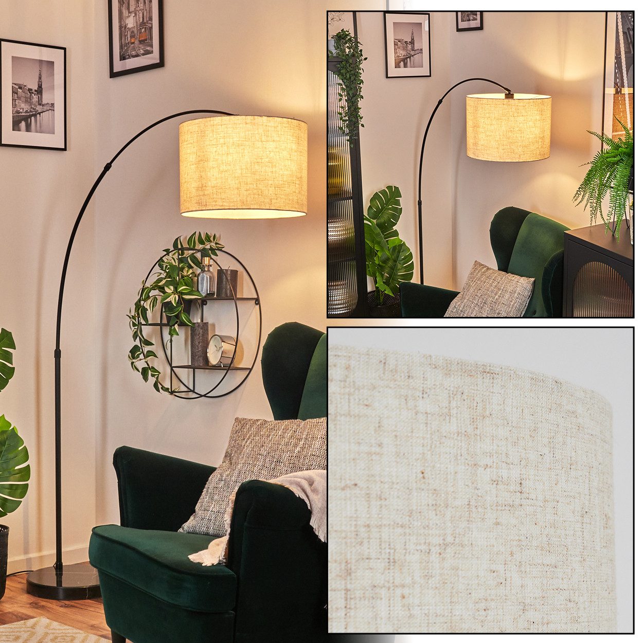 hofstein Bogenlampe Stehlampe mit Marmorfuß aus Metall/Stoff in Schwarz/Beige/Weiß, verstellbare Stehleuchte im modernen Design, Ø 40 cm, Fußschalter, E27