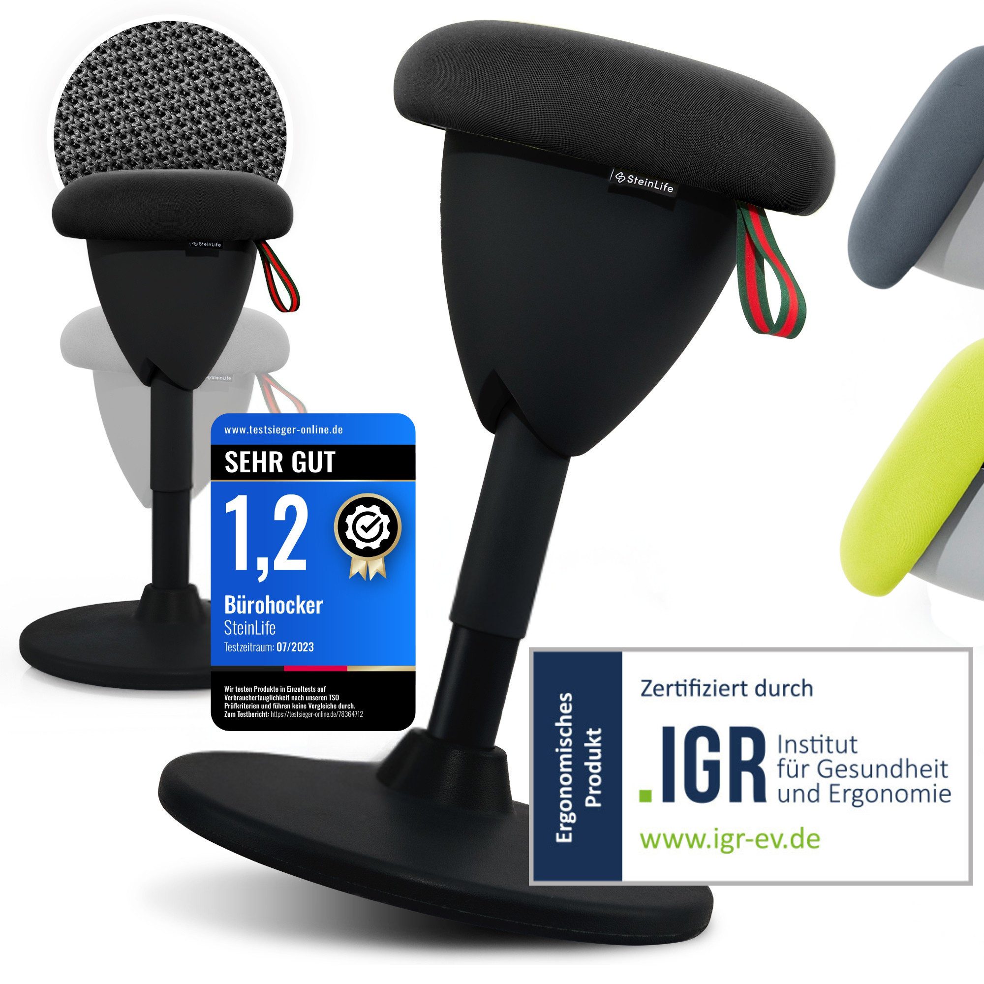 Steinlife Arbeitshocker Ergonomischer Bürohocker [Aktives Sitzen, Gesunde Haltung] (Sitzhocker Höhenverstellbar [48-68cm] Ergonomischer Hocker für Büro [Schwingeffekt] Wackelhocker Stehhocker, Arbeitshocker rutschfest Drehhocker)
