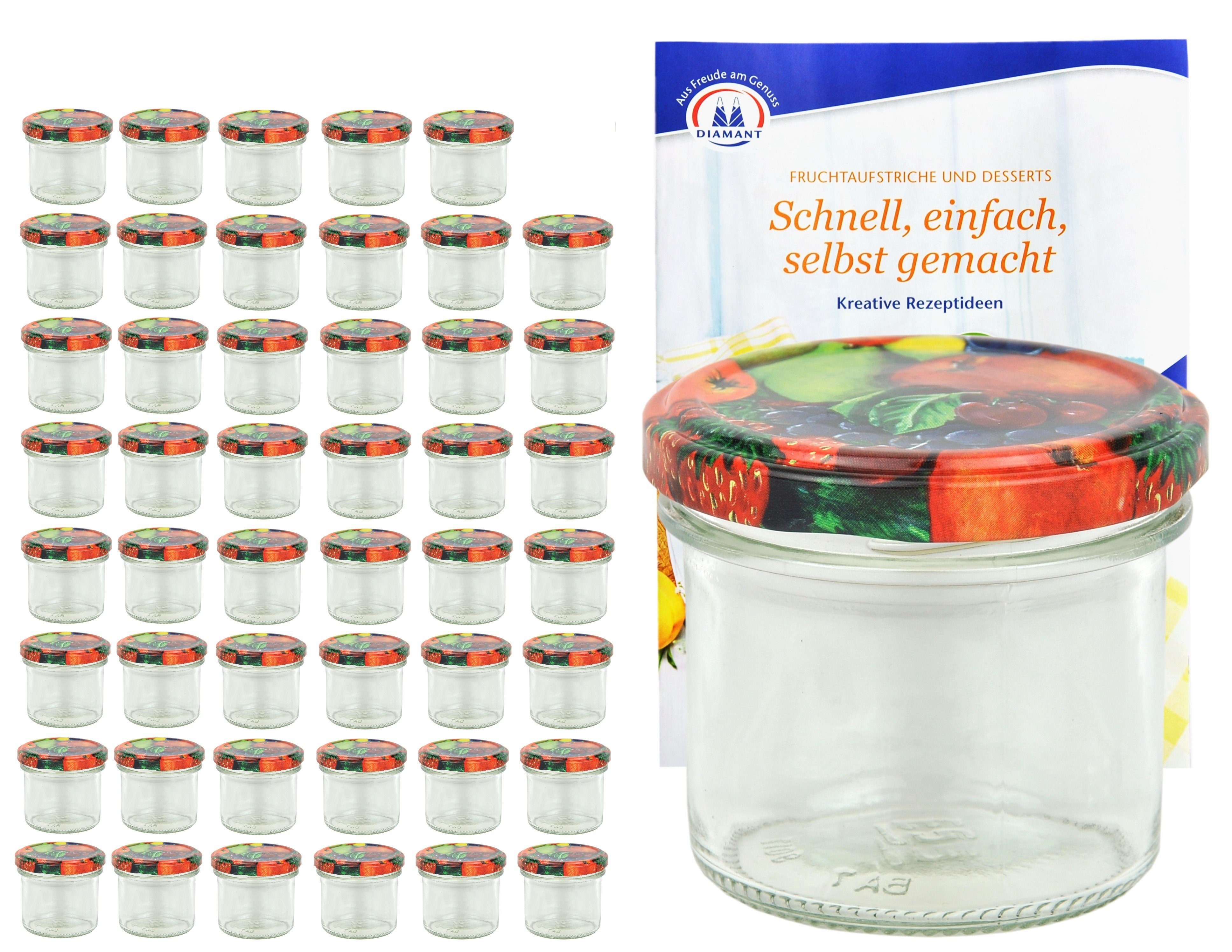 MamboCat Einmachglas 48er Set Sturzglas 125 ml To 66 Obst Dekor Deckel incl. Rezeptheft, Glas