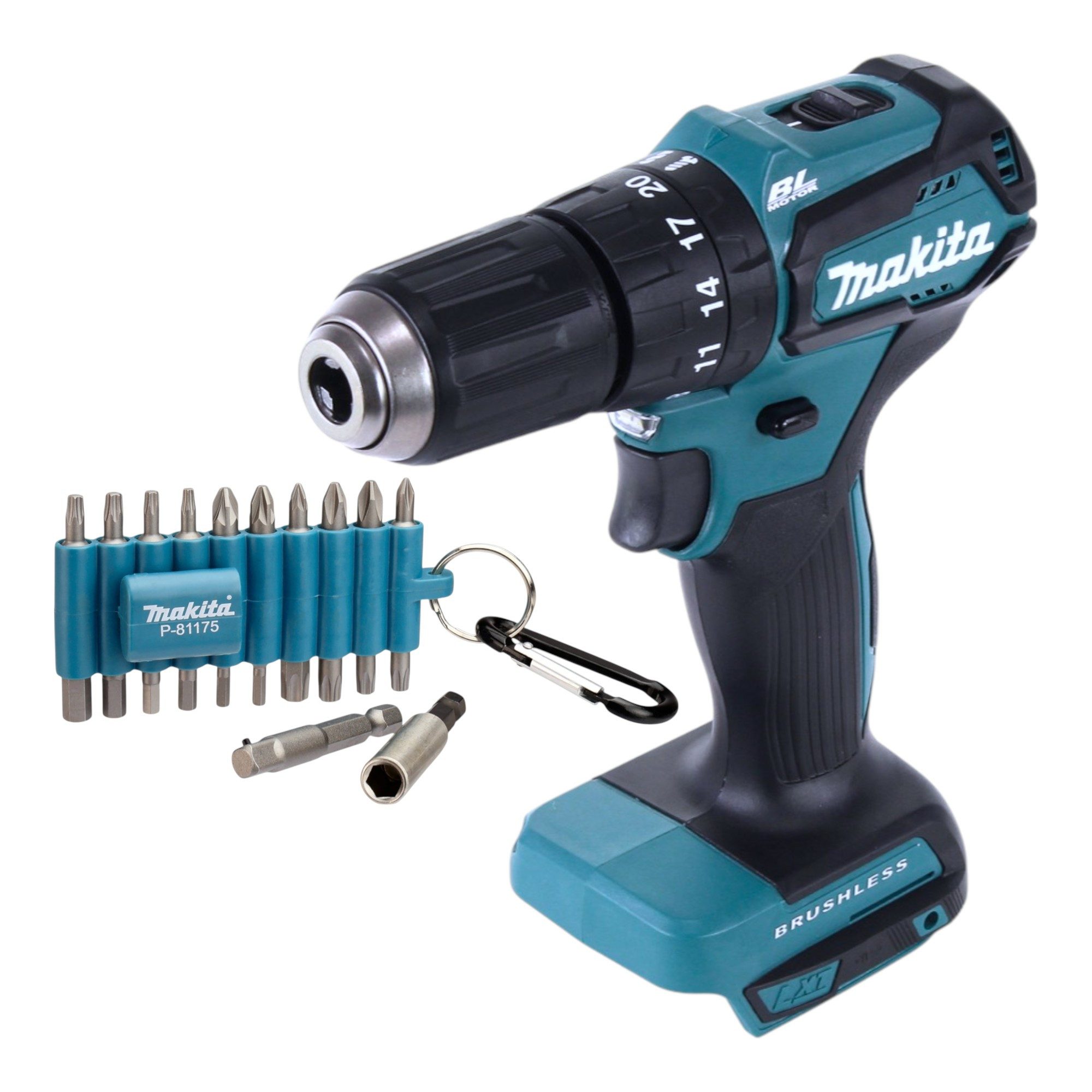Makita Schlagbohrmaschine DHP 483 Z 18 V 40 Nm Brushless + 22 tlg. Bit Set - ohne Akku, ohne La