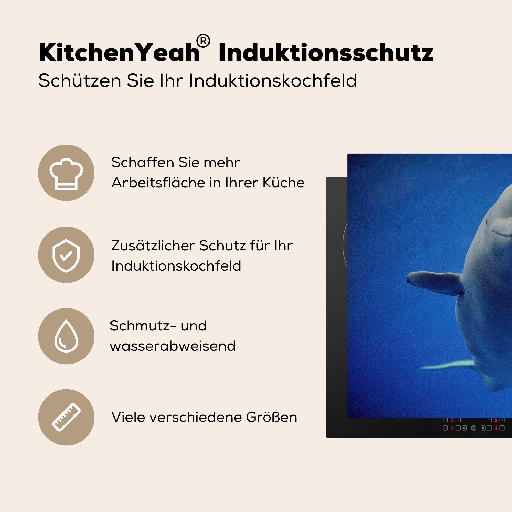 Blau die küche, Vinyl, Wasser Ceranfeldabdeckung - tlg), Delfin Induktionskochfeld Herdblende-/Abdeckplatte (1 - - Schutz 81x52 Weiß, für cm, MuchoWow