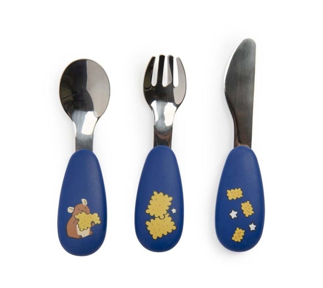 Moulin Roty Kinderbesteck Kinderbesteck mit weichem Griff 3er Set 12 cm Messer Gabel Löffel, 1 Personen