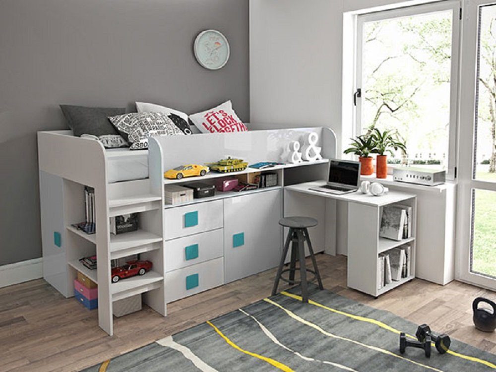 Feldmann-Wohnen Hochbett TOLEDO 1 (Etagenbett mit Schreibtisch + 2 Schränke) Farbe wählbar weiß / weiß Hochglanz - Griffe türkis