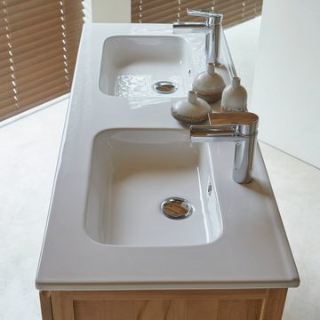 Tikamoon Waschtisch Edgar Badezimmermöbel aus massivem Teakholz und Keramik 120 cm
