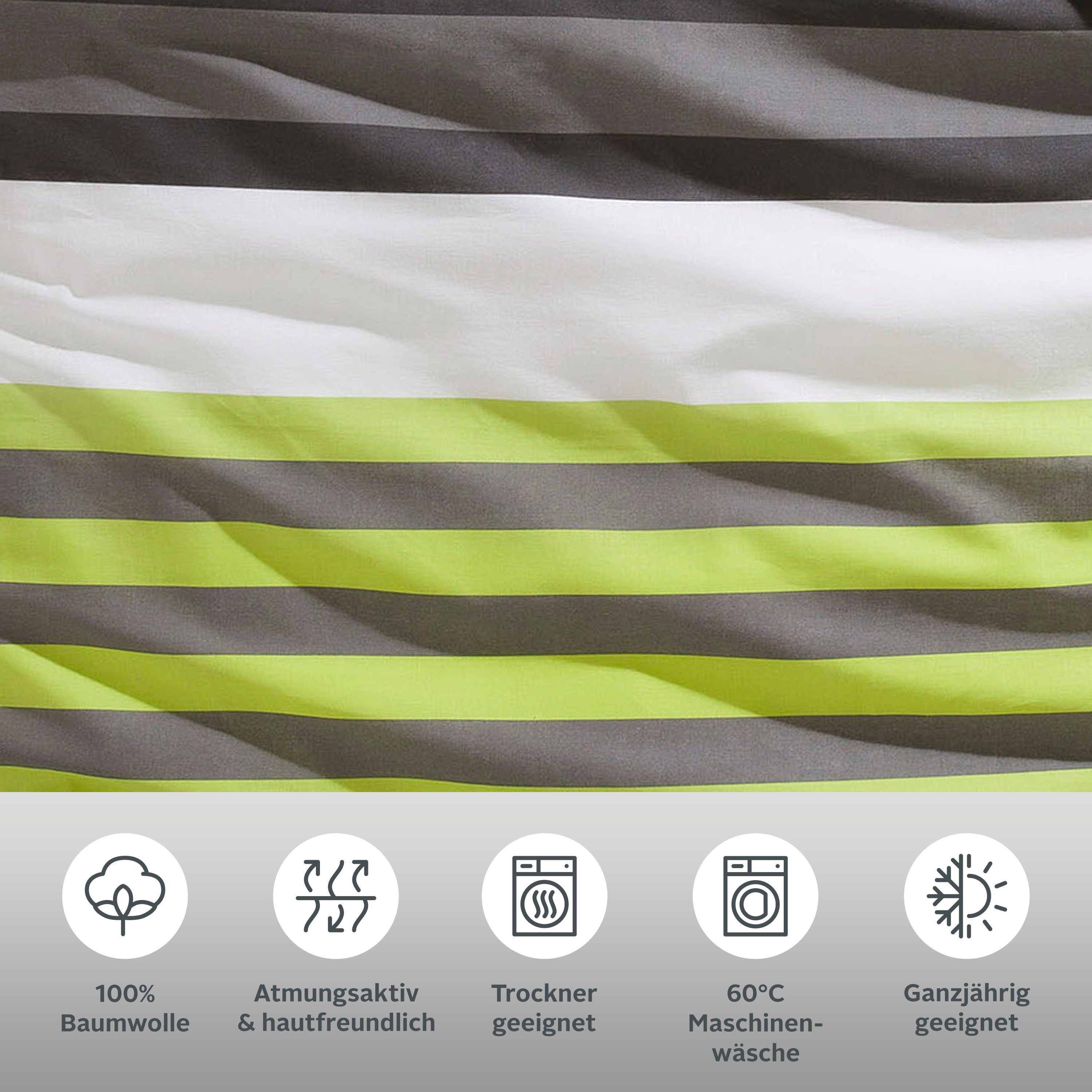 H.I.S Bettwäsche Majoran, Polycotton recycelt, 3 teilig, gestreifte Bettwäsche in verschiedenen Qualitäten