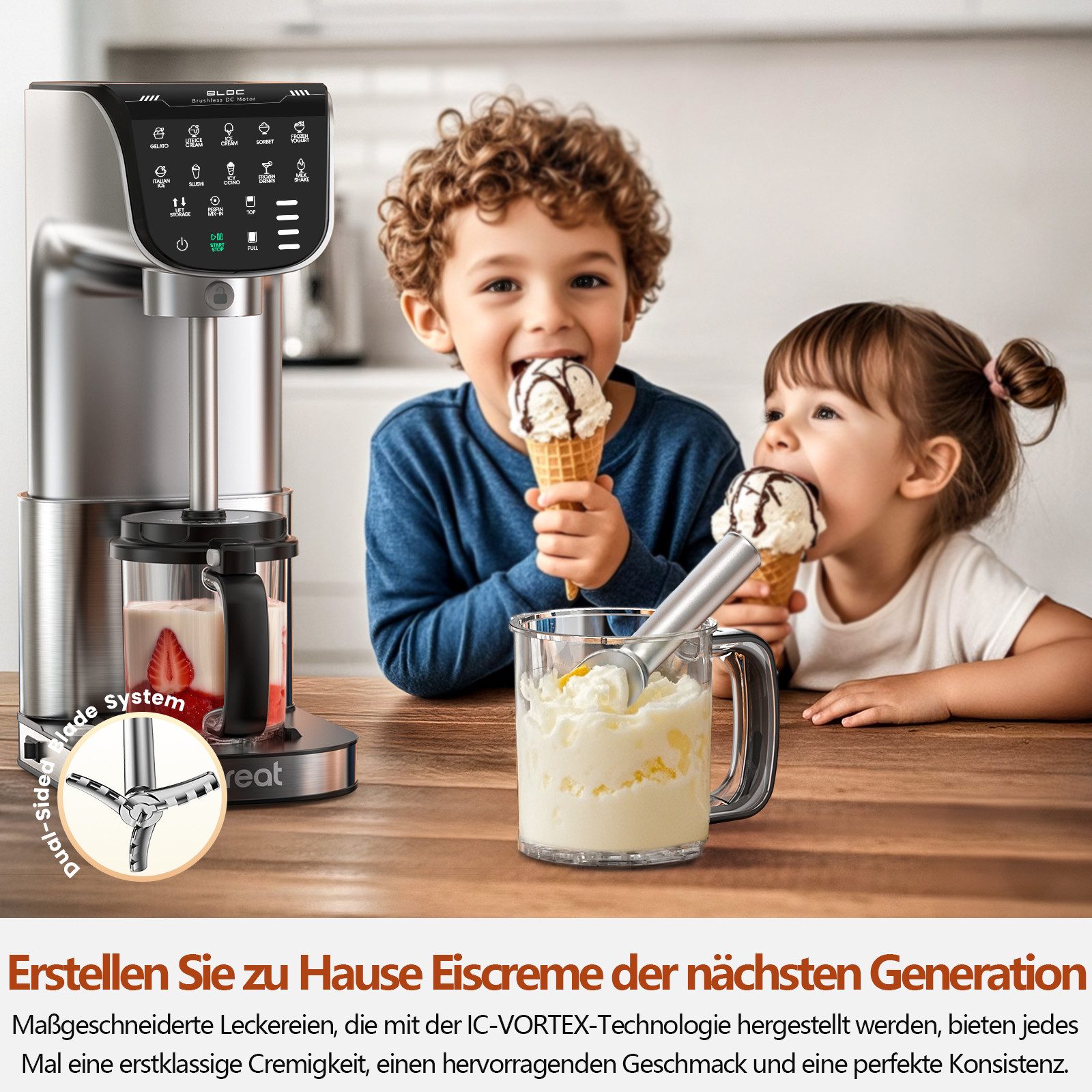 IcyTreat Eismaschine IcyTreat IC-1010 EU 12-in-1 540 ml * 3, 1,6 l, 500 W, inklusive Rezeptheft + Messlöffel, 12 One-Touch-Programme