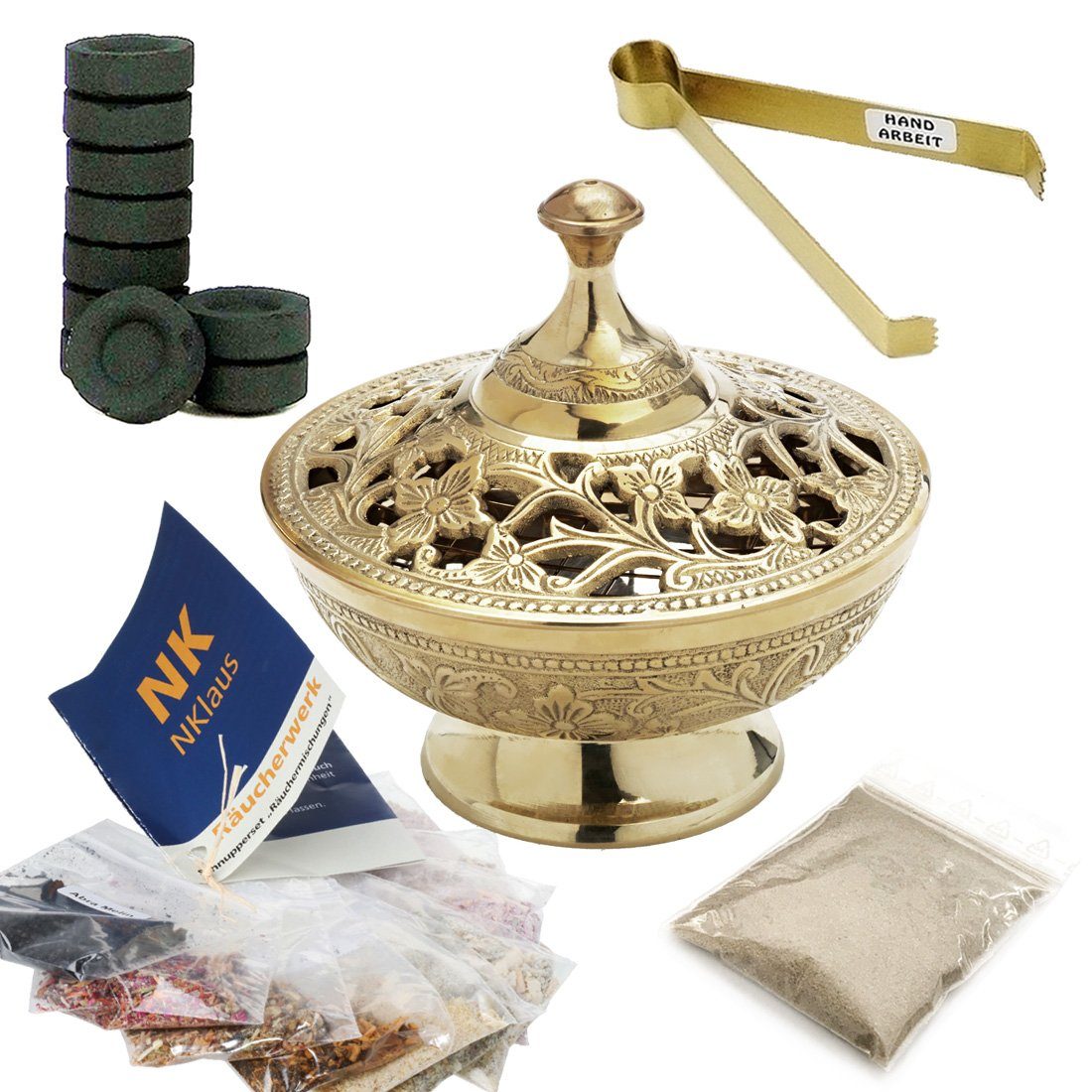 NKlaus Räucherschale 14tlg Set Räuchergefäß in Gold Räucherzange Räucherwerk Räuchersand Rä, Räucherstövchen