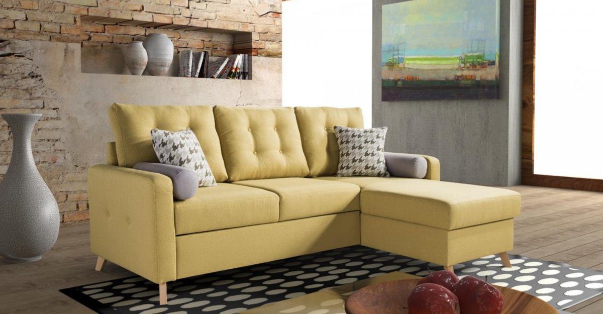 JVmoebel Ecksofa L-Form Bettfunktion Stoff Ecksofa Sofa Couch Design Couch Polstermöbel Gelb