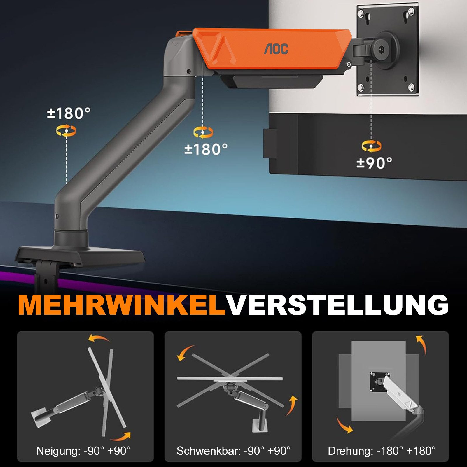 AOC Monitor-Halterung 17-32 Zoll, bis 9 kg, VESA 75x75-100x100, AM102, (bis 32 Zoll, Packung, neigbar,schwenkbar,drehbar,Gasdruckfeder,Kabelmanagement)