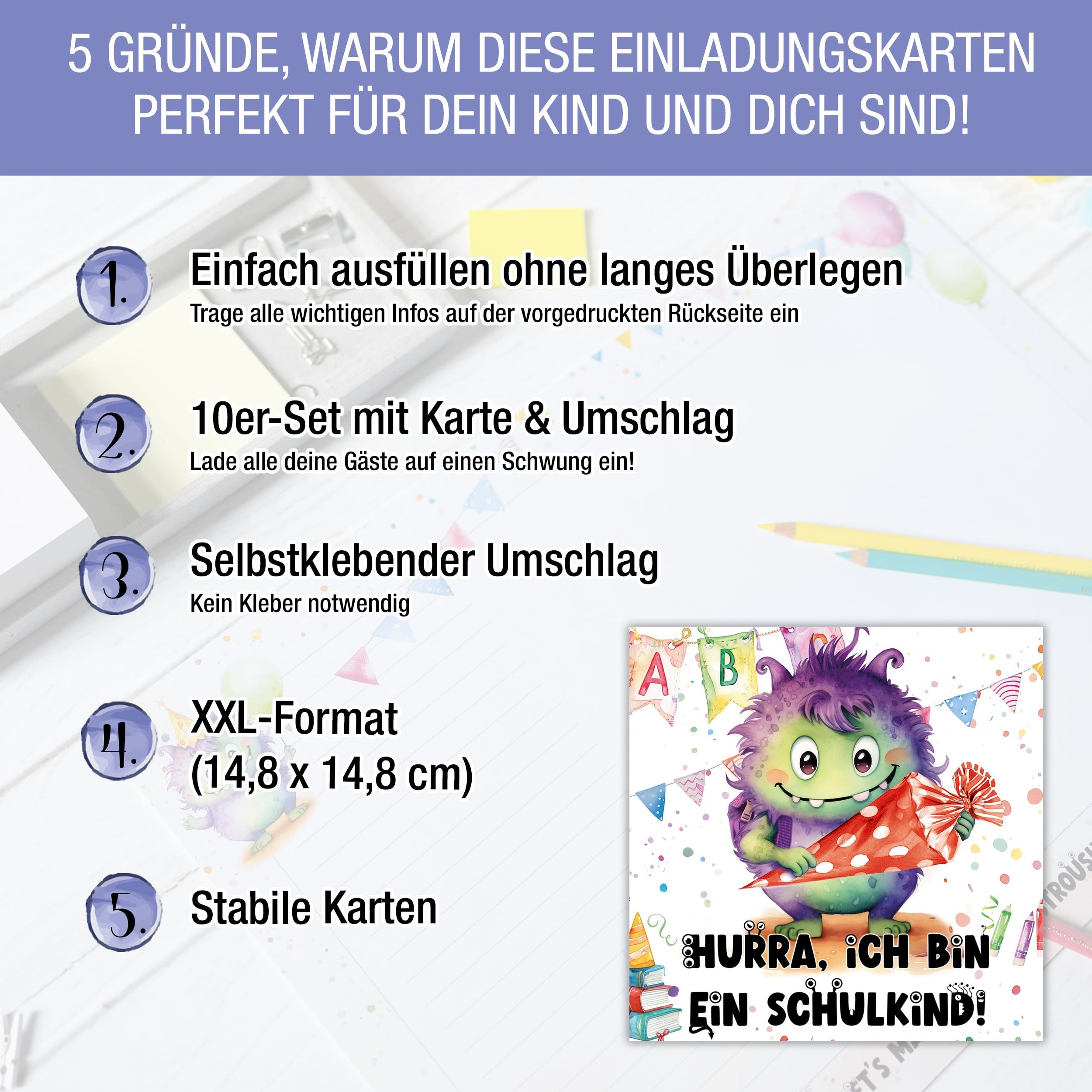 TOBJA Einladungskarten Monster 10x Einladung Einschulung Junge u. Mädchen, Einladungskarten Einschulung Schule