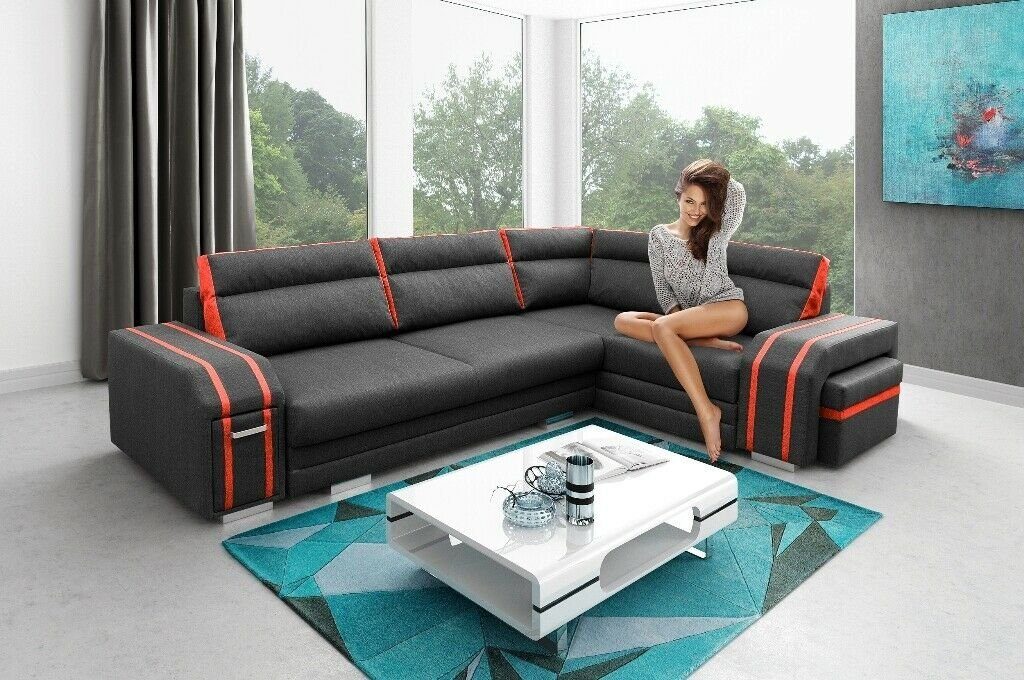 JVmoebel Ecksofa, Polstersofa Loungesofa Couch Sitzgruppe Wohnzimmer Kissen Sofa Ecksofa Grau/Rot