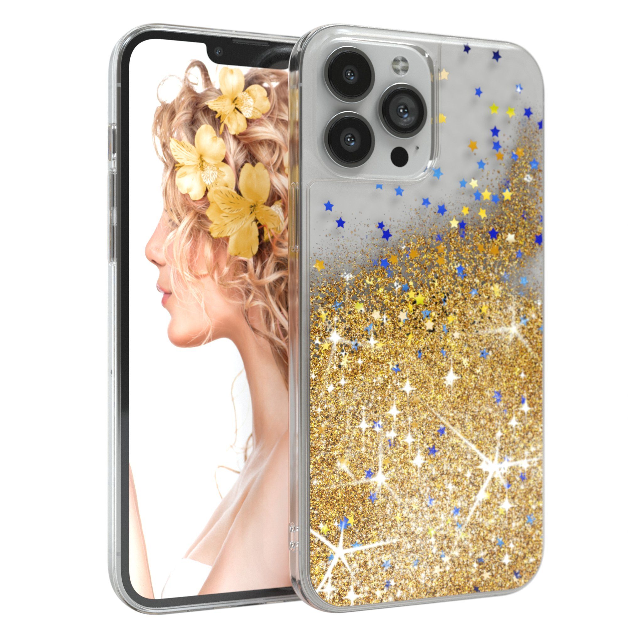 EAZY CASE Handyhülle Liquid Glittery Case für Apple iPhone 13 Pro Max 6,7 Zoll, Durchsichtig Back Case Handy Softcase Silikonhülle Glitzer Cover Gold