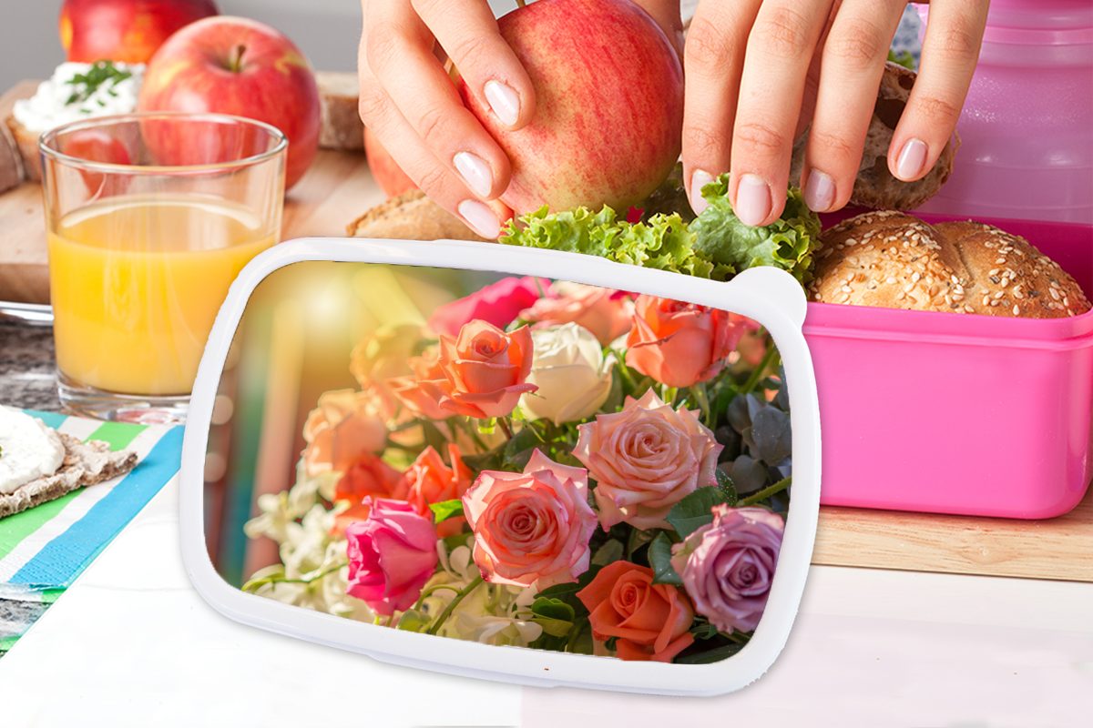 MuchoWow Lunchbox Rosen - Erwachsene, Strauß Mädchen, (2-tlg), - Brotdose Farben, Kunststoff, rosa Kunststoff Kinder, Brotbox Snackbox, für
