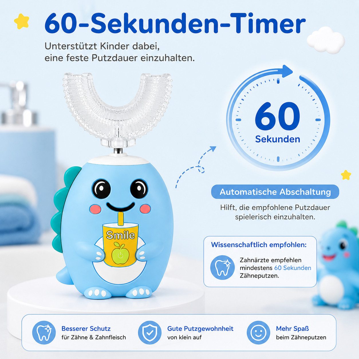 Lisabonde Elektrische Kinderzahnbürste Elektrische Zahnbürste 2-in-1 mit U-Bürstenkopf, IPX7, Aufsteckbürsten: 4 St., Set mit Zahnbürste, 2 U-Bürstenköpfen, 2 S – Bild 5 von 5