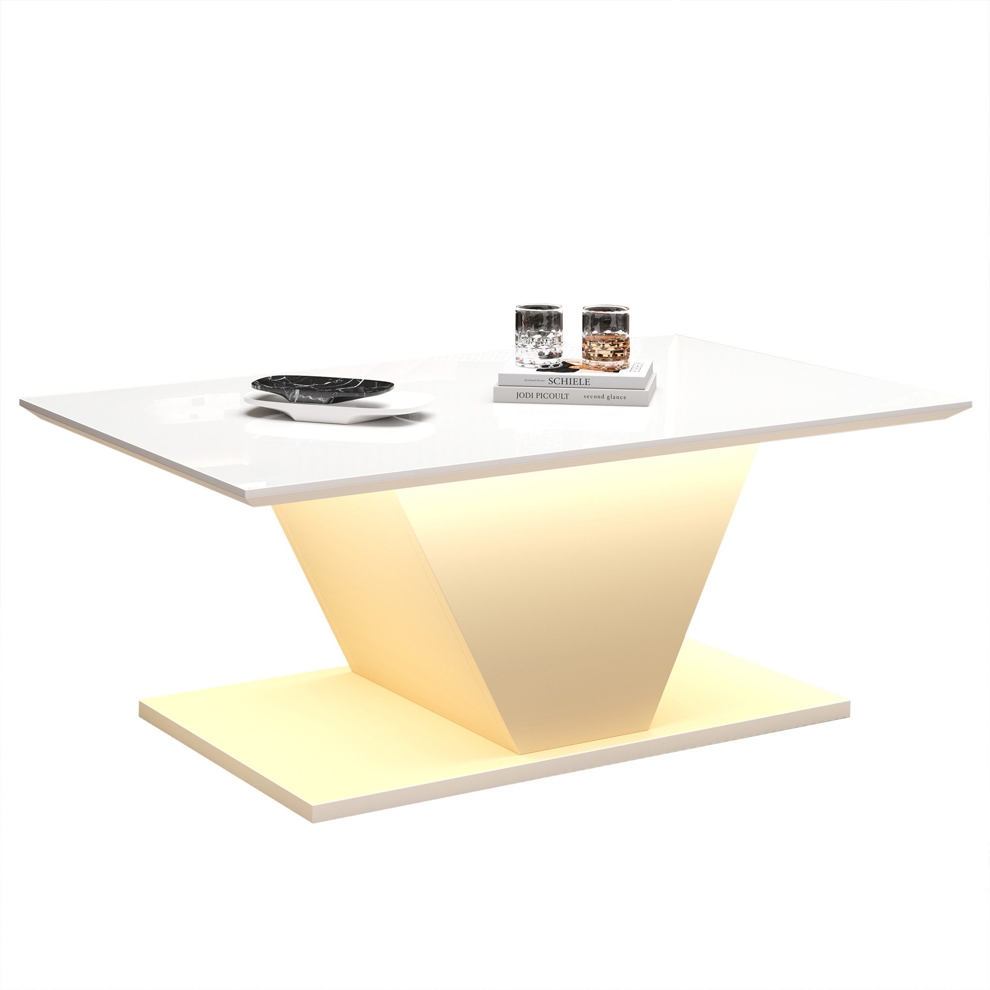 KLAM HOME Couchtisch 100*50*46 cm Couchtisch Sonderform, Kaffeetisch mit LED-Leuchten (hochglänzende Wohnzimmertisch, Sofatisch,Beistelltisch), geeignet für kleine Räum,Weiß,V-Form