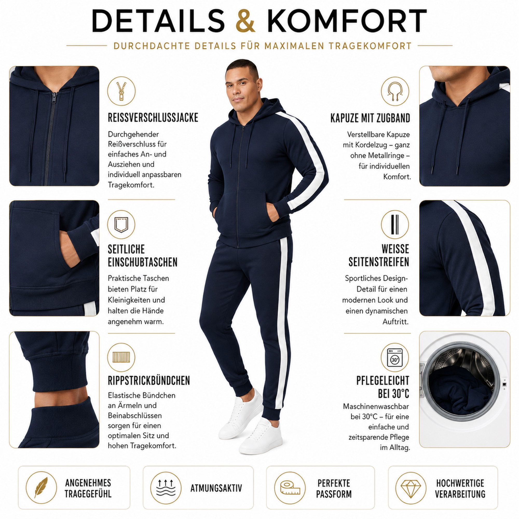 L.gonline Freizeitanzug Herren Jogginganzug zweifarbig sportlich mit Streifen, 526 (Kapuzenjacke mit Reißverschluss, Hose, 2-tlg), Fitness Freizeit Casual – Bild 5 von 5