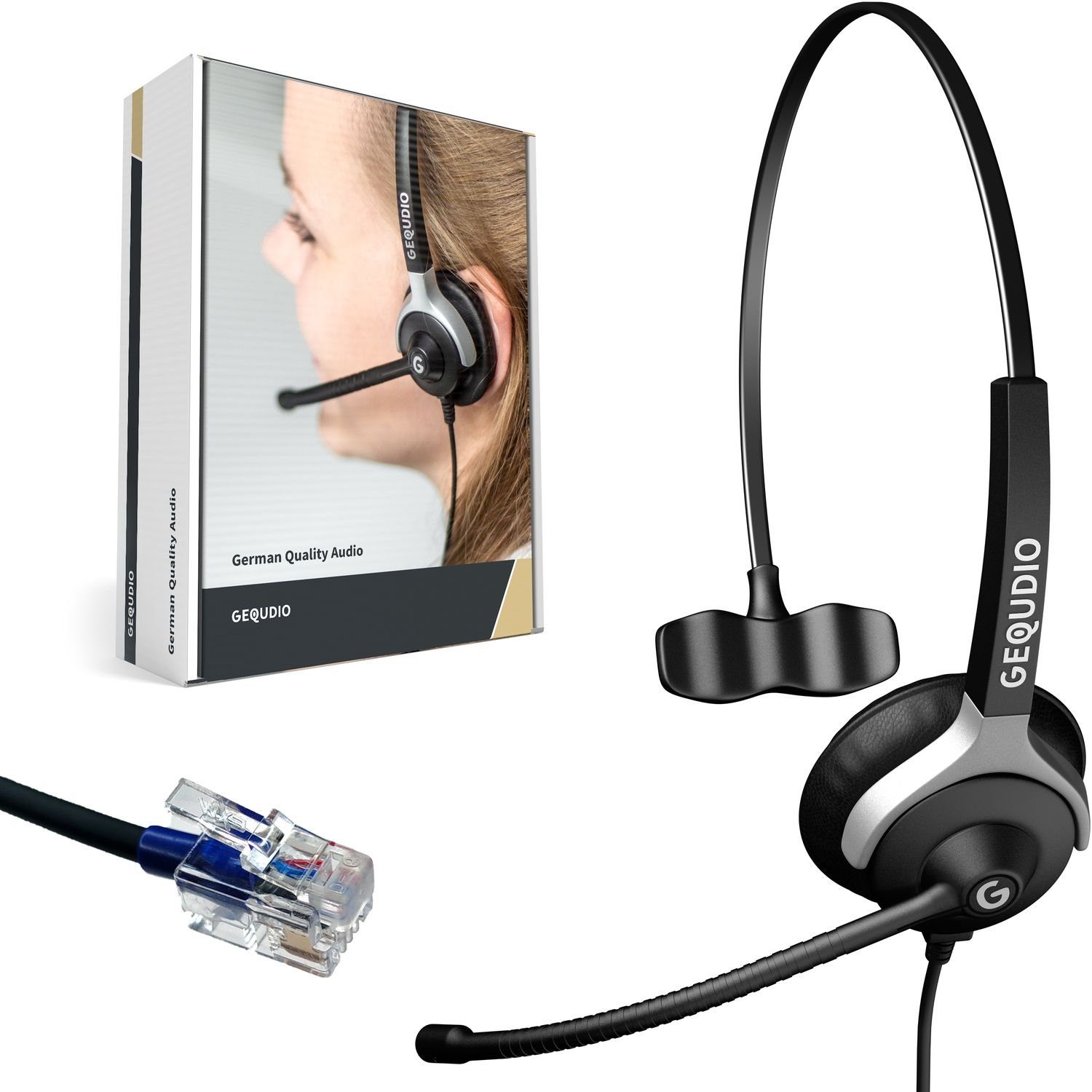 GEQUDIO Cisco Telefone mit RJ-Anschluss Headset (1-Ohr-Headset, 60g leicht,  Bügel aus Federstahl, mit Wechselverschluss für mehrere Endgeräte,  inklusive Anschlusskabel)