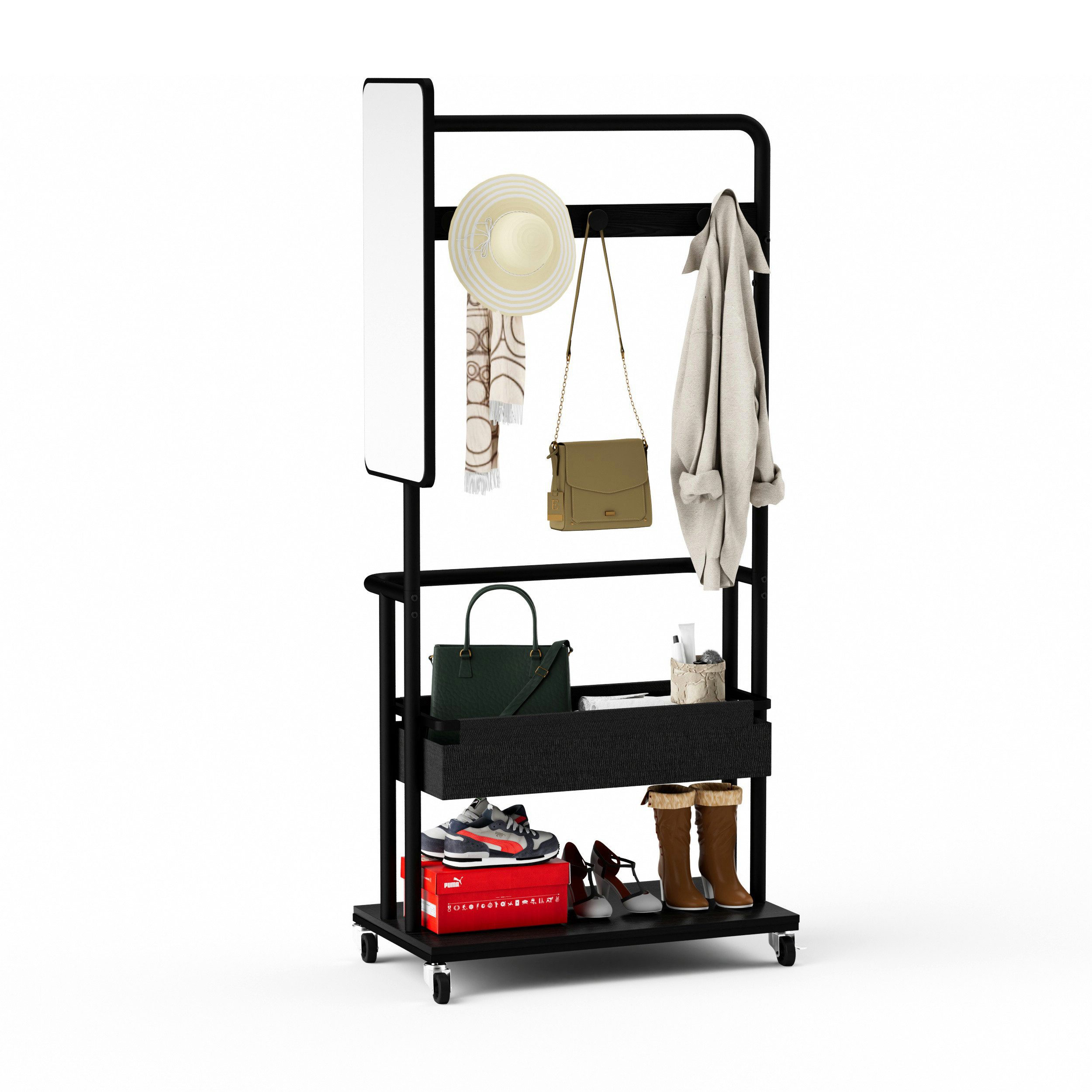 Fine Life Pro Kleiderständer Mobiler Metallgarderobenständer mit Aufbewahrungskorb und Spiegel