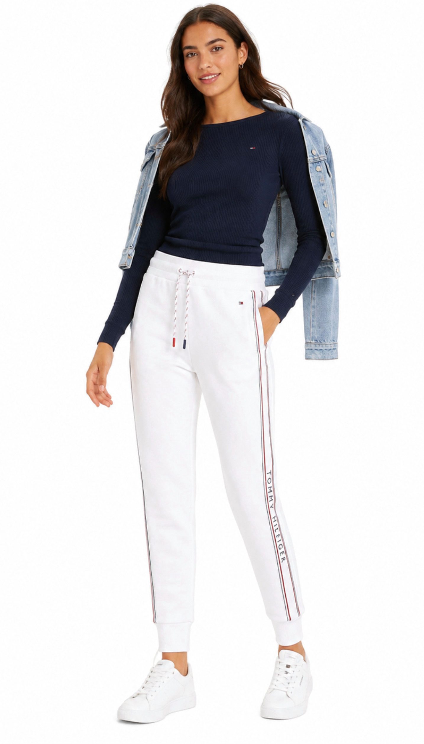 TOMMY LIFE Jogginghose Hilfiger Track Pants Jogginghose Damen Hose Weiß Logo-Tape (1-tlg) Elastischer Bund mit verstellbarem Kordelzug