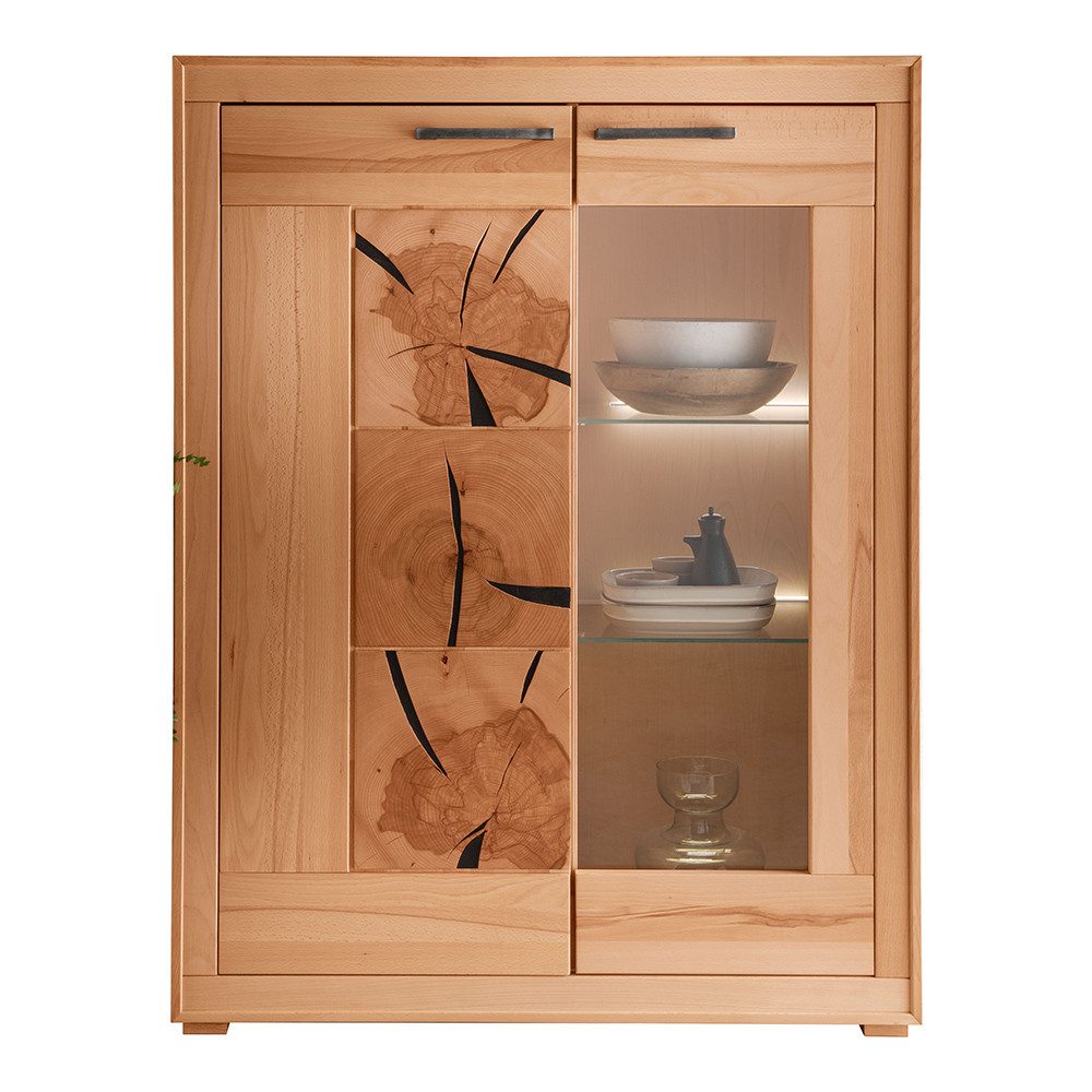 Lomadox Highboard WINNIPEG-69, Vitrinenschrank 103cm, Kernbuche massiv, Hirnholz-Details, inkl. LED