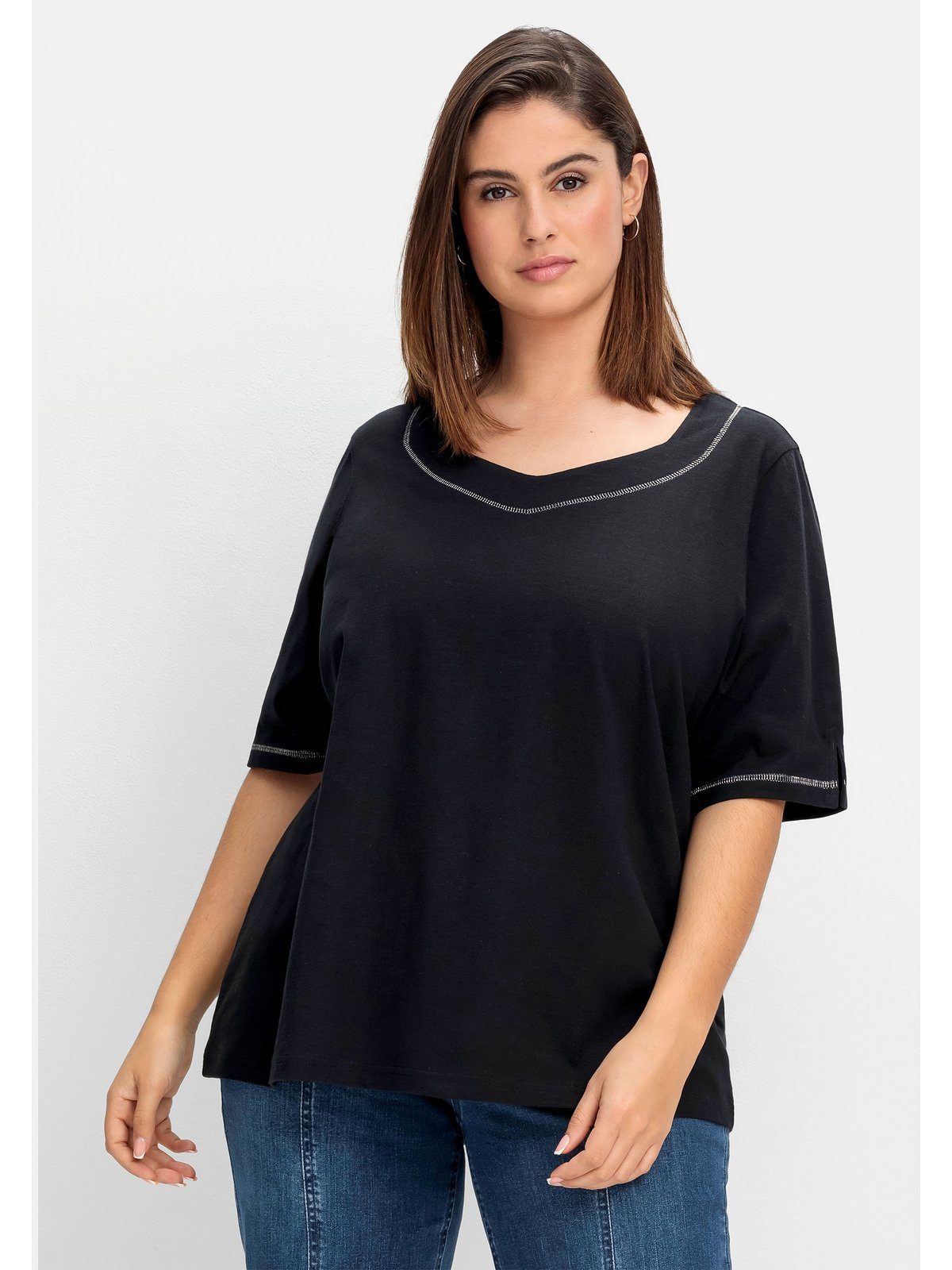 Sheego T-Shirt Große Größen mit Effekt-Ziernähten, aus Flammgarn schwarz | T-Shirts
