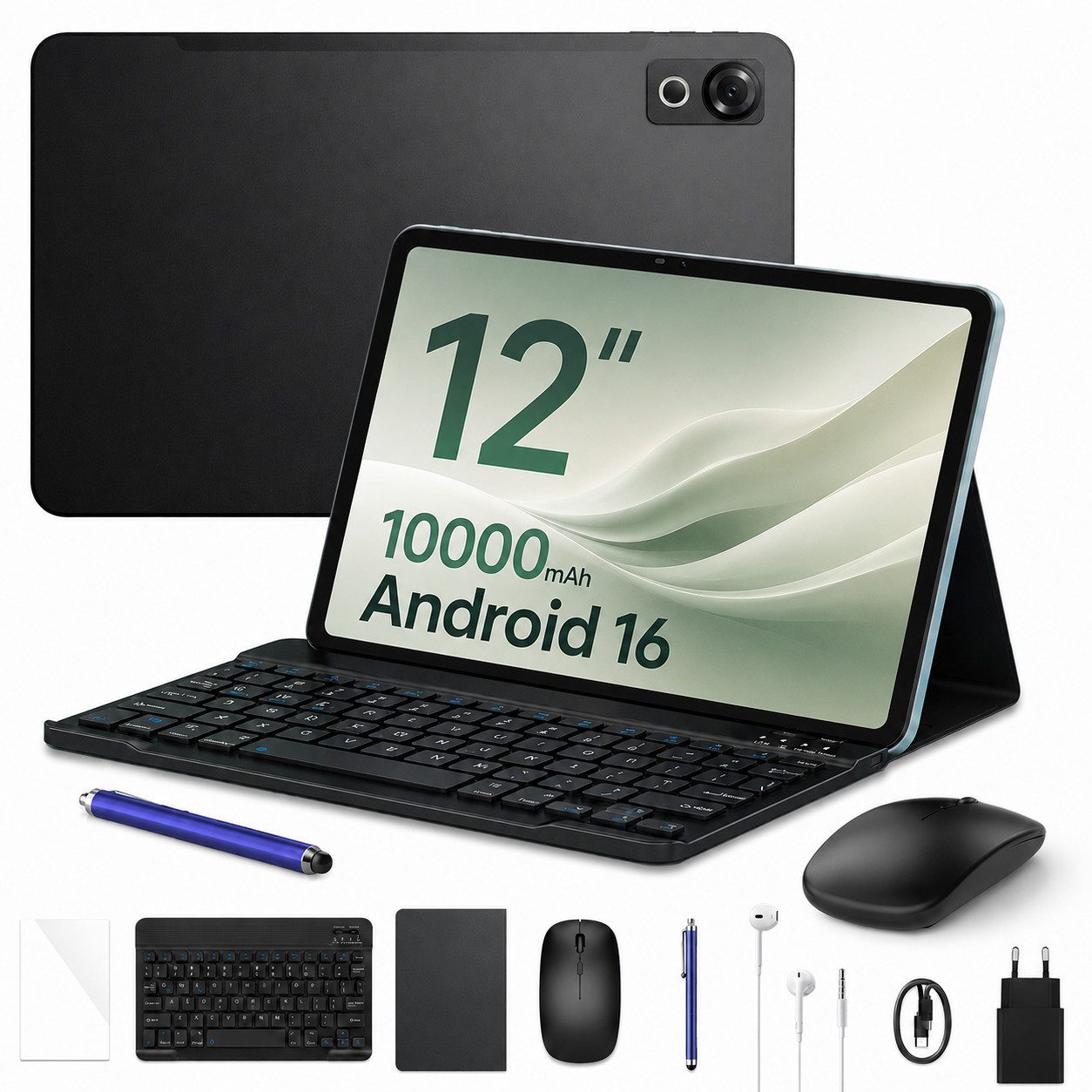 POCKAM 2026 Pockam P12 Android 16 Tablet mit Tastatur 12 Zoll 10000 mAh Tablet (12", 8 GB, Android 16, Octa-Core, 8GB+128GB/2TB, 13MP+8MP, Gemini AI, Face ID, Widevine L1)