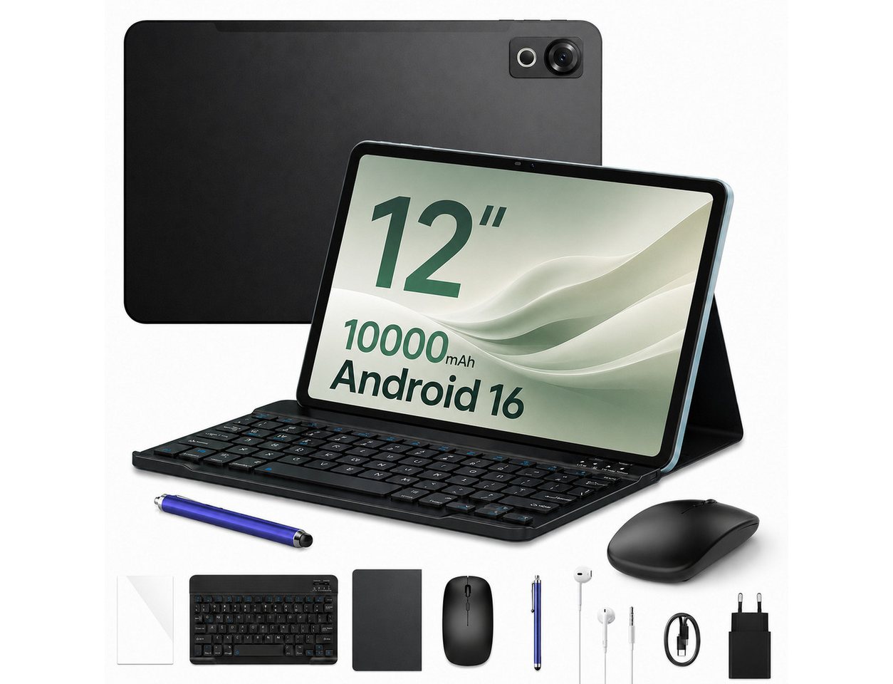 POCKAM 2026 Pockam P12 Android 16 Tablet mit Tastatur 12 Zoll 10000 mAh Tablet (12", 8 GB, Android 16, Octa-Core, 8GB+128GB/2TB, 13MP+8MP, Gemini AI, Face ID, Widevine L1)