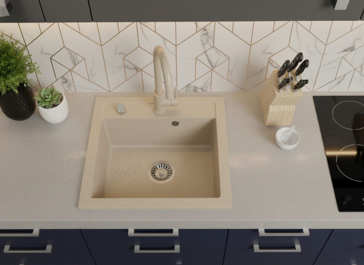 Faizee Home Granitspüle Hochwertige Granitspülen – 49x52cm Einbauspüle Spüle Küchenspüle, Eckig, 48/21 cm