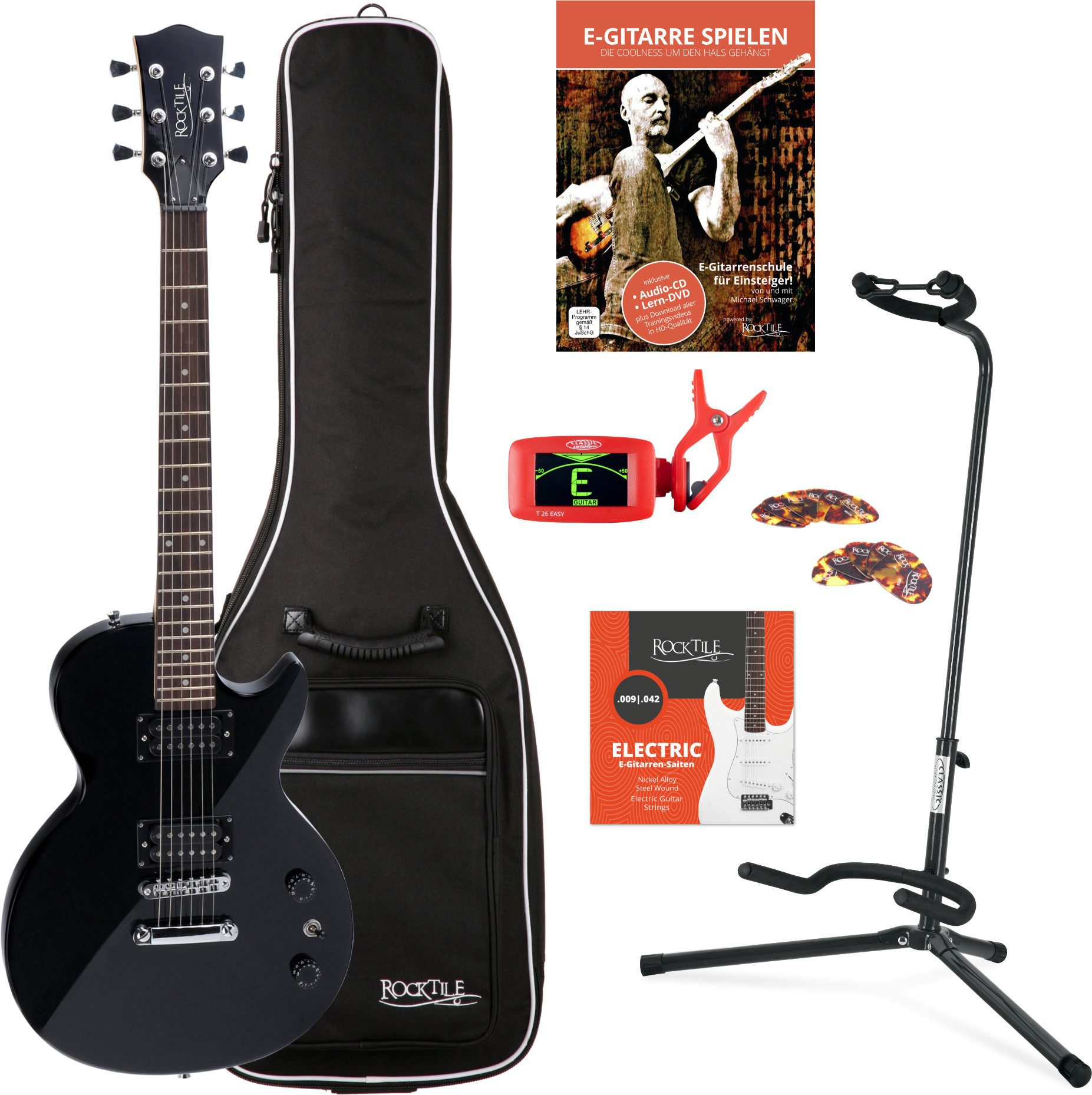 Rocktile E-Gitarre L-100 BL E-Gitarre Black Einsteiger Set, inkl. Gigbag, Ständer, Saiten, Tuner, Plektren