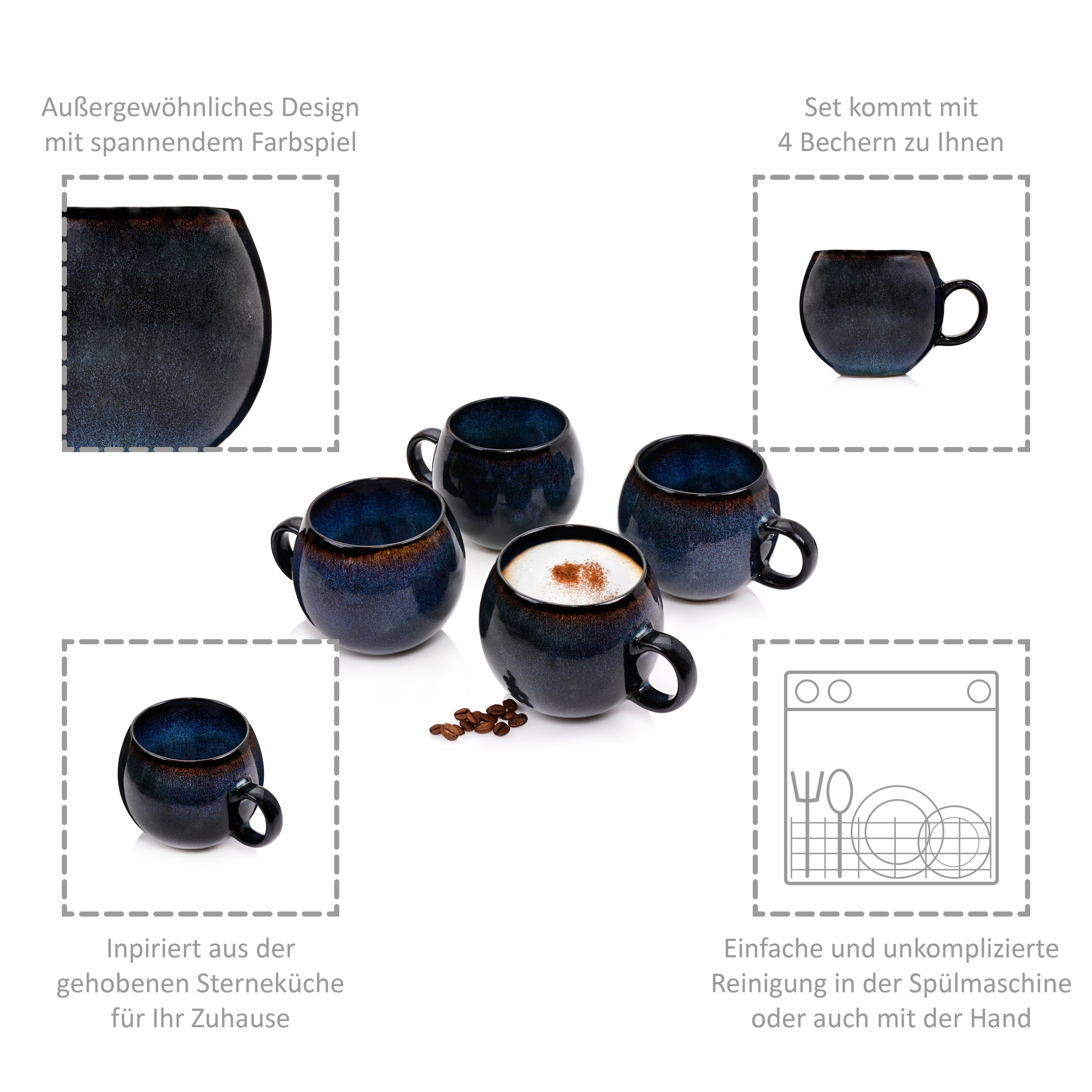 SÄNGER Cappuccinotasse Tokio Cappuccinobecher, 4-tlg., Steingut, Blau Schwarz, Handmade, Premium Collection