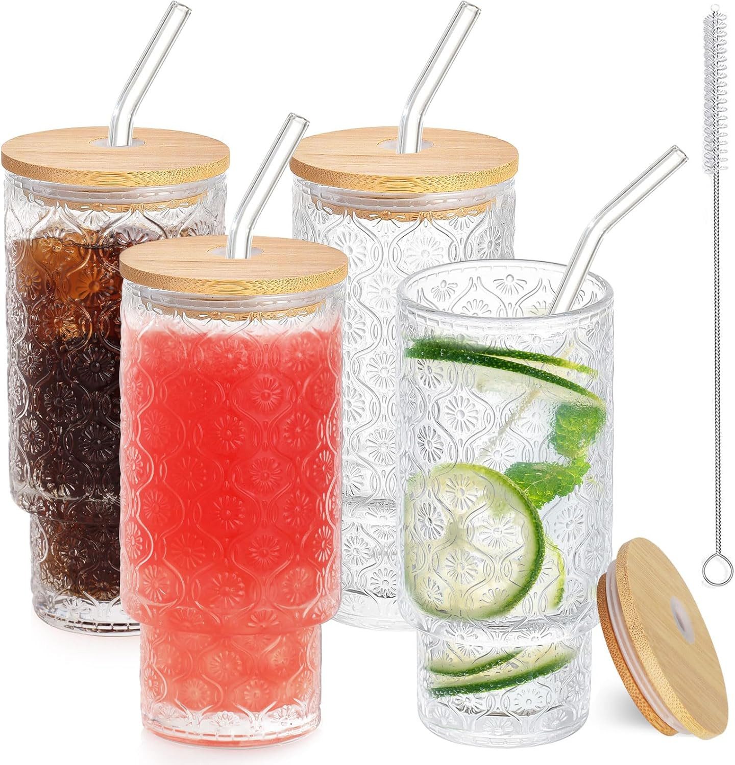 LA CUTE Cocktailglas 4er Cocktailgläser 350ml mit Deckel & Glasstrohhalm – stapelbar, Glas, Stapelbare Cocktailgläser mit Deckel & Strohhalm aus Glas