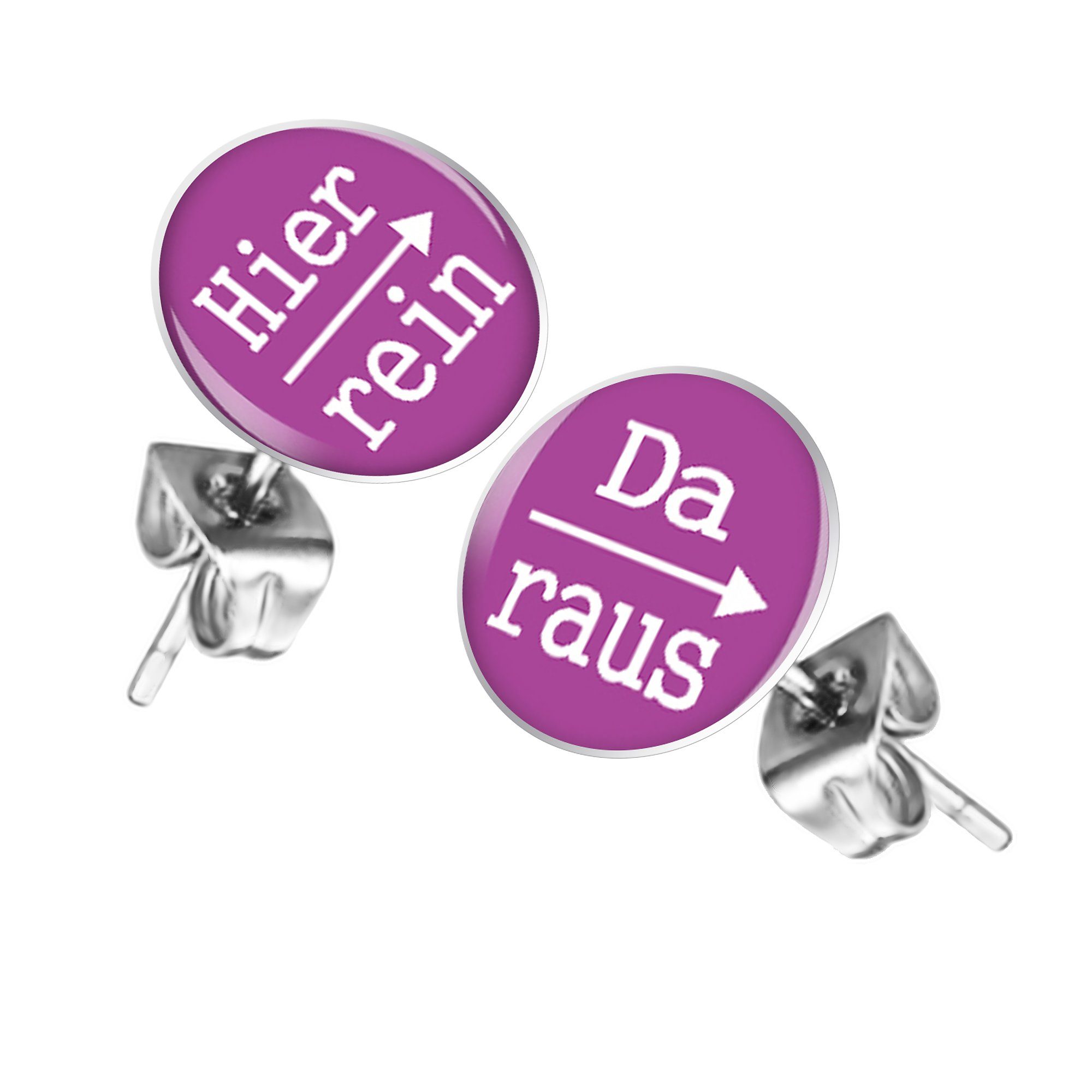 Taffstyle Paar Ohrstecker Lustige Ohrringe Platte Stecker mit Spruch Hier rein, Da raus Silber