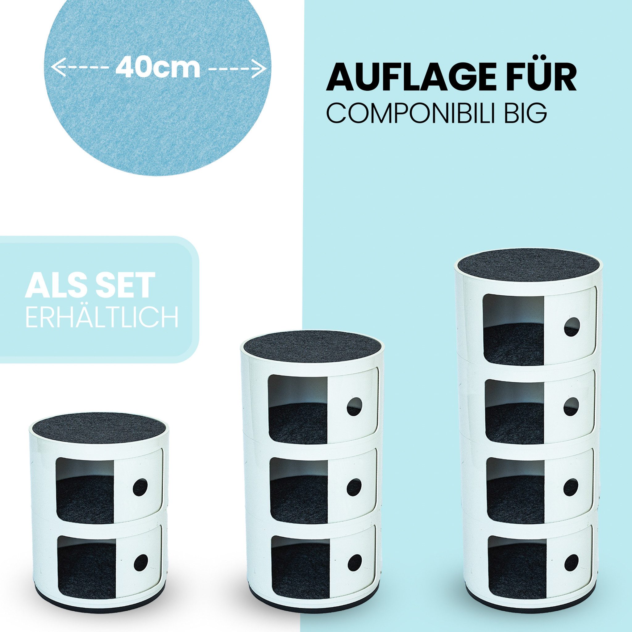 Easy and Green Nachttisch Rund Filzauflage 30cm für Kartell Componibili - Made in Germany