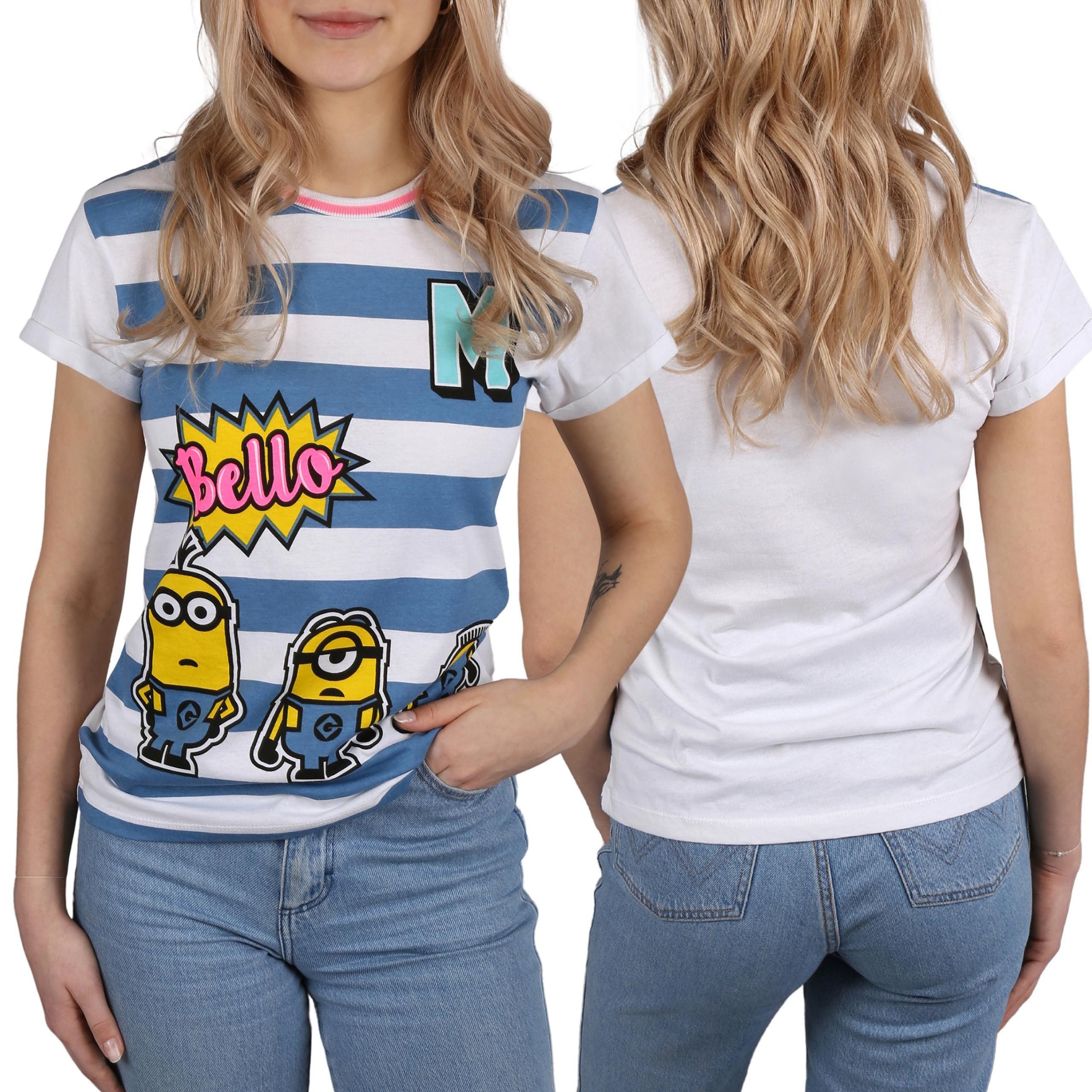Minions T-Shirt Blau-weißes, gestreiftes T-Shirt für Damen DIE MINIONS, L