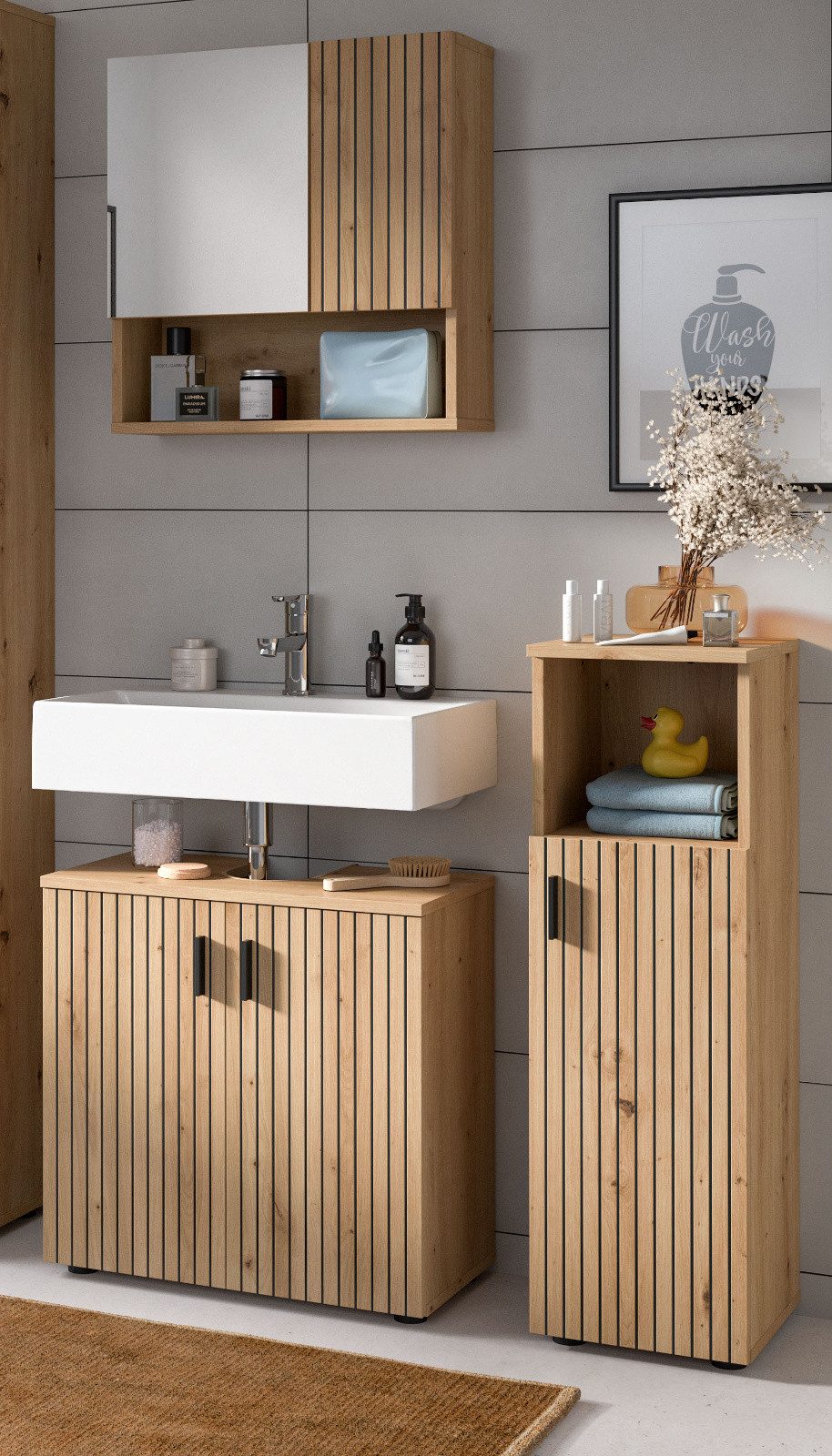 Inn.Furn Badmöbel-Set Livia, (Badezimmer Set in Eiche Artisan, 3-teilig, 105 x 190 cm), mit gefrästen Rillen