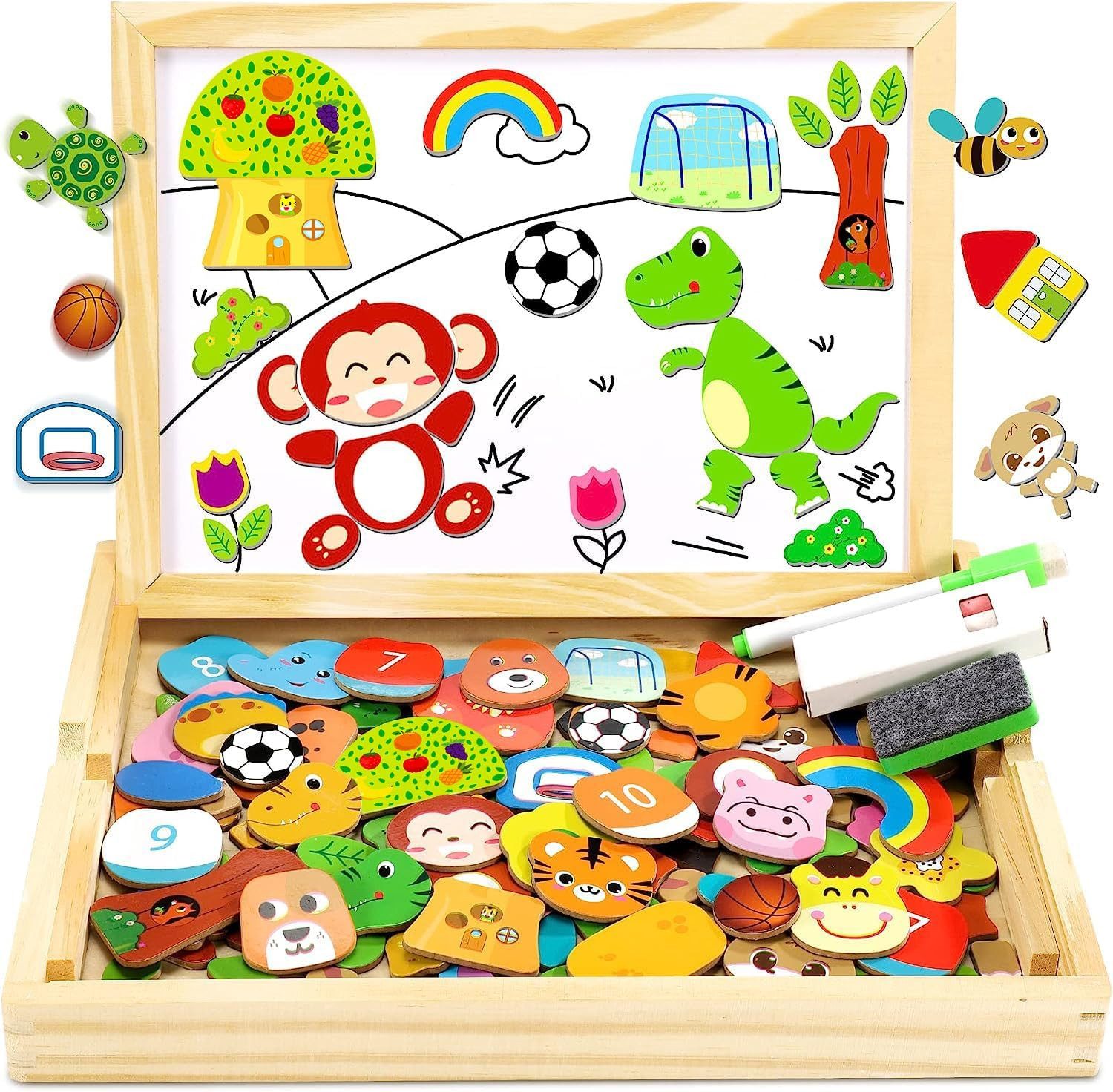 POPOLIC Magnetspielbausteine Holzpuzzle mit Doppelplatte, Lernspielzeug für Kinder, (110 Stück magnetisches Holzspielzeug Tier- und Fußballmuster), Magnetplatte Magnet Kinderspielzeug magnetisches Spiel Puzzle