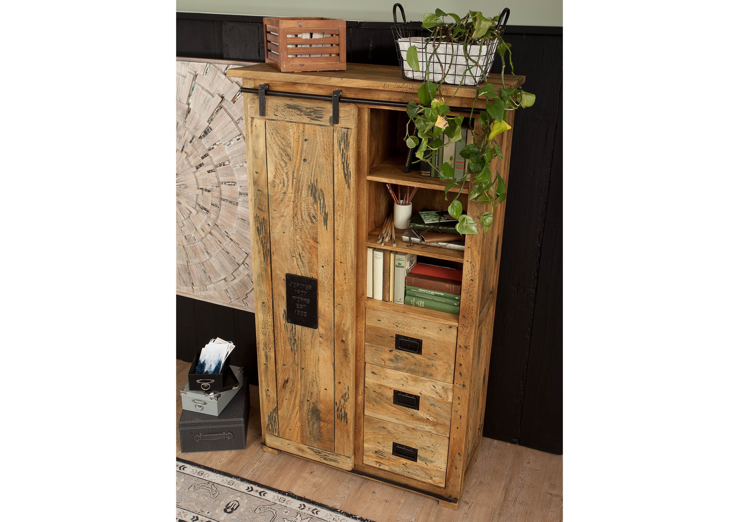 Massivmoebel24 Dreh-/Schwebetürenschrank RAILWAY (Schrank Mango 100x45x175 natur lackiert RAILWAY #114) Schrank Mango 100x45x175 natur lackiert RAILWAY #114