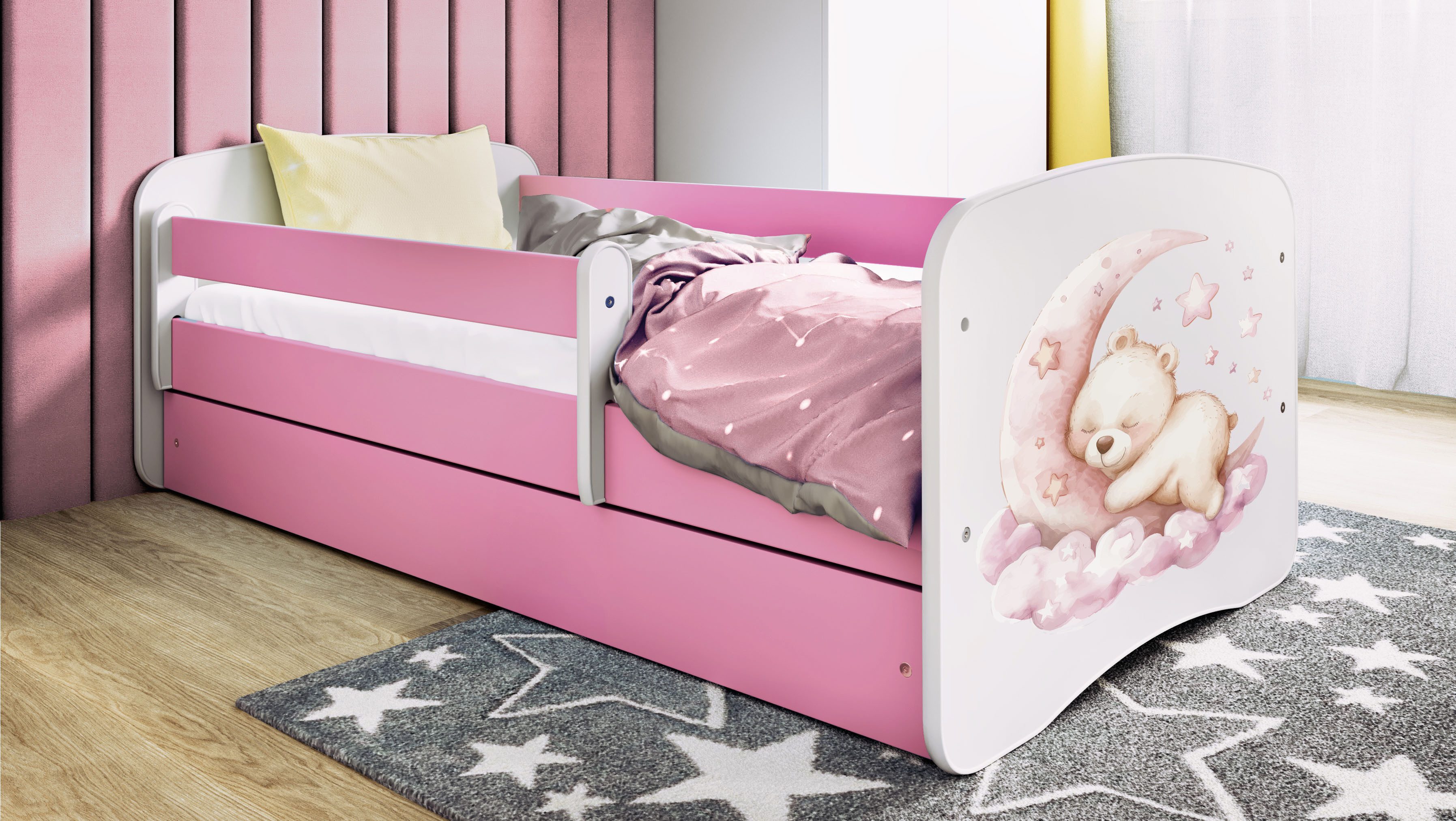 Raumhirsch Furniture Kinderbett 70x140, 80x160, 80x180 cm - Komplettset mit Matratze & Schublade (Bett für Mädchen, Einzelbett Kinder 2–12, mit Rausfallschutz & Lattenrost), verschiedene Farben & Designs