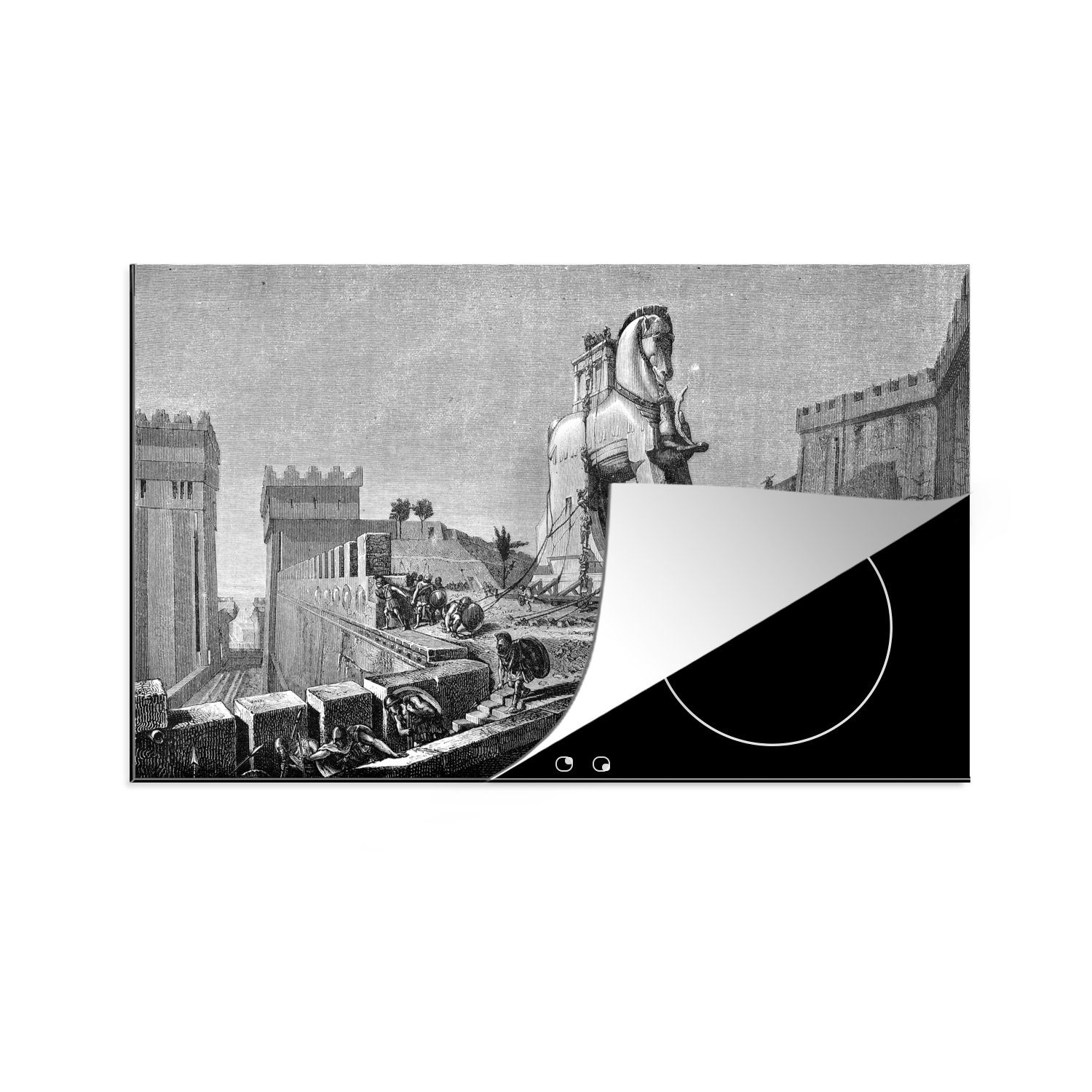 MuchoWow Herdblende-/Abdeckplatte Eine antike schwarz-weiße Illustration des Trojanischen Pferdes, Vinyl, (1 tlg), 81x52 cm, Induktionskochfeld Schutz für die küche, Ceranfeldabdeckung