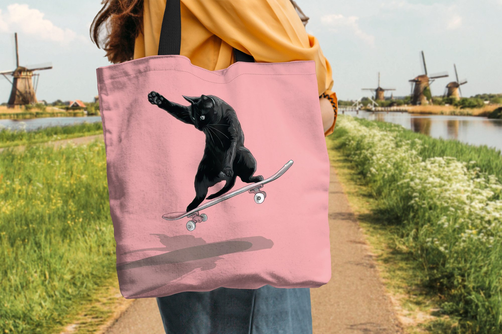 MuchoWow Shopper Katze - Skateboard - Rosa, Handtasche, Damen und Herren, Schultertasche, Umhängetasche, Tote Bag