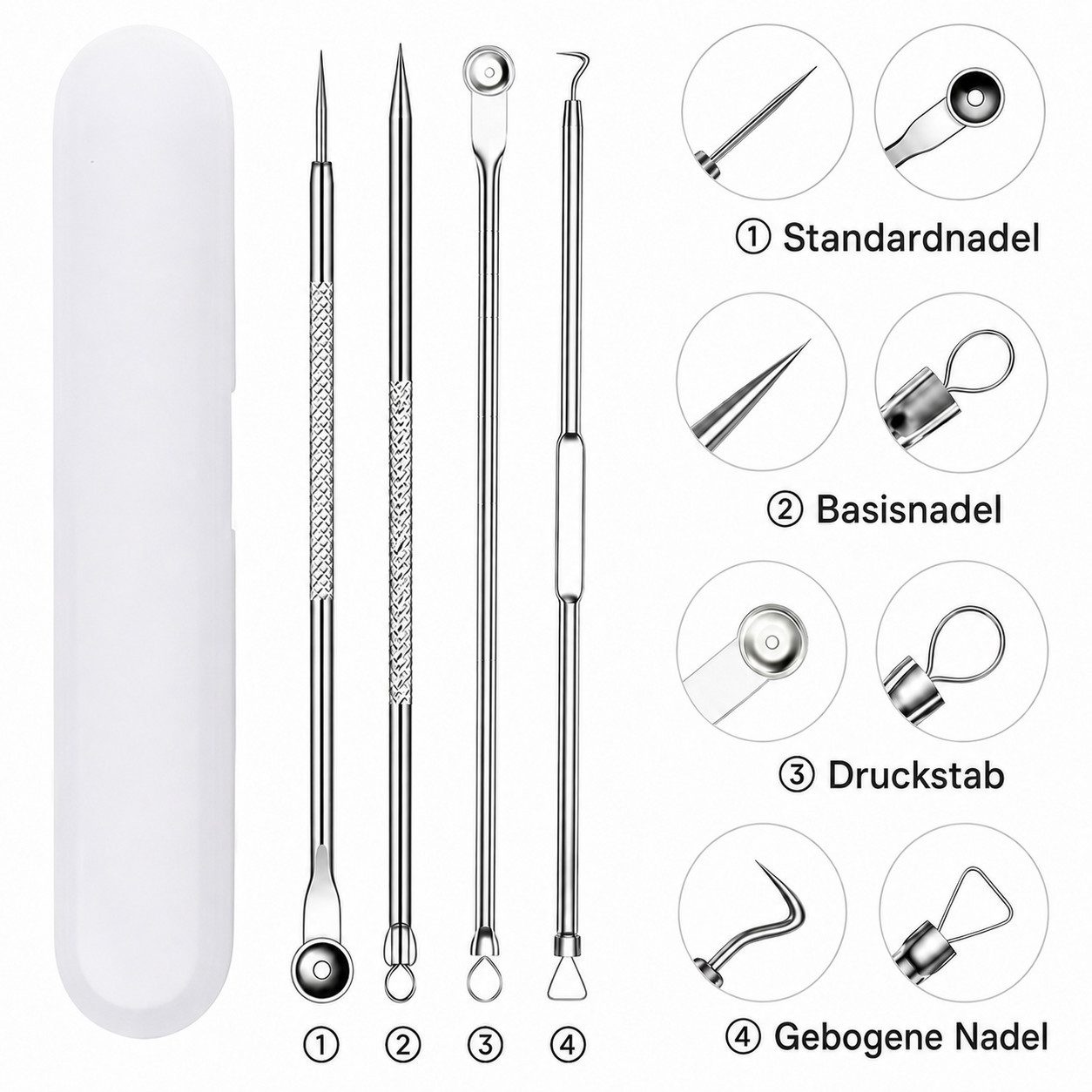 COOL-i ® Mitesserentferner Mitesserentferner Set 4-tlg.,mit Aufbewahrungsbox, Komedonenwerkzeuge aus verchromtem Kohlenstoffstahl