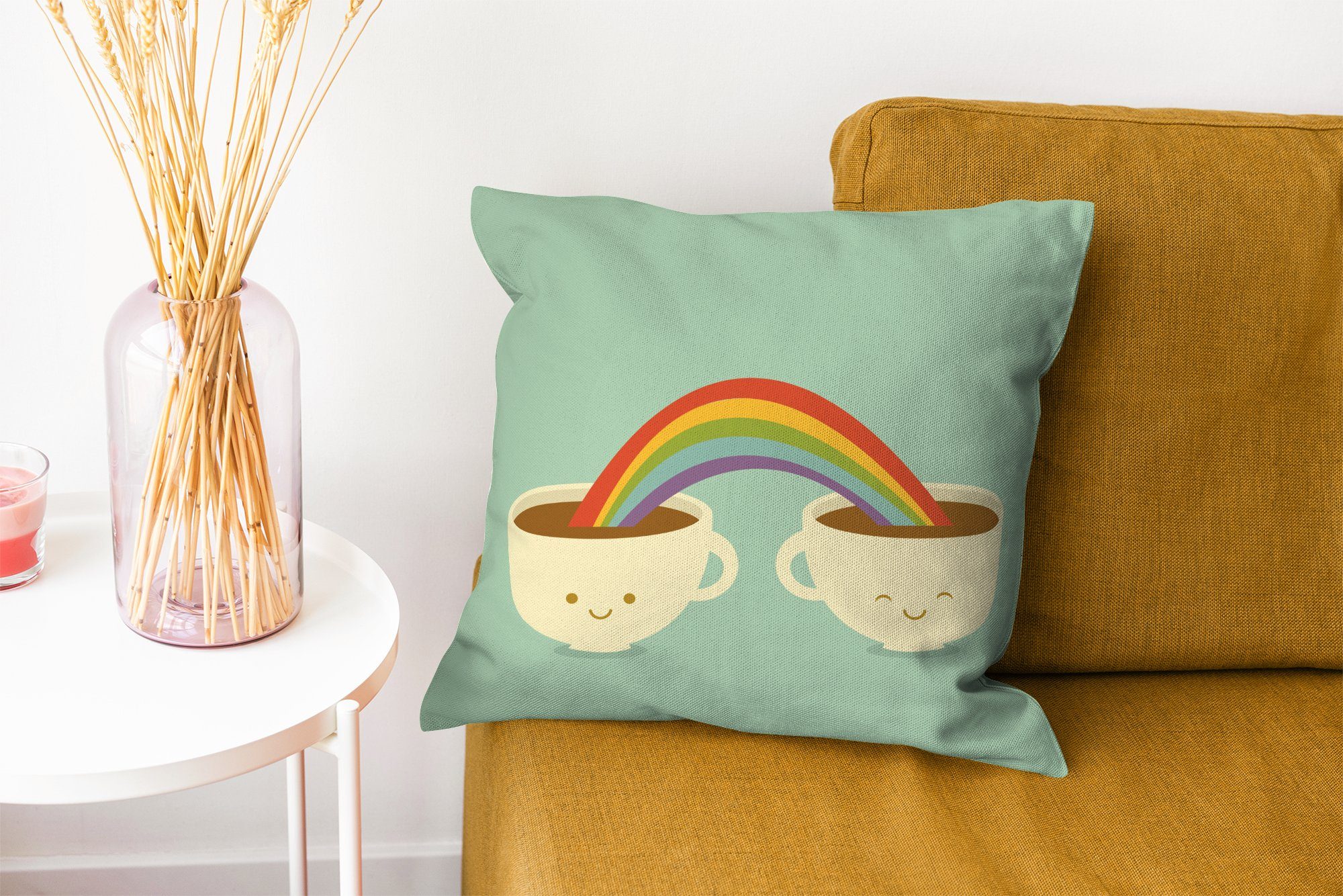eines Illustration Schlafzimmer, Dekokissen Deko, Füllung Eine Zierkissen mit Tassen MuchoWow über Kaffee, Sofakissen für zwei Wohzimmer, Regenbogens