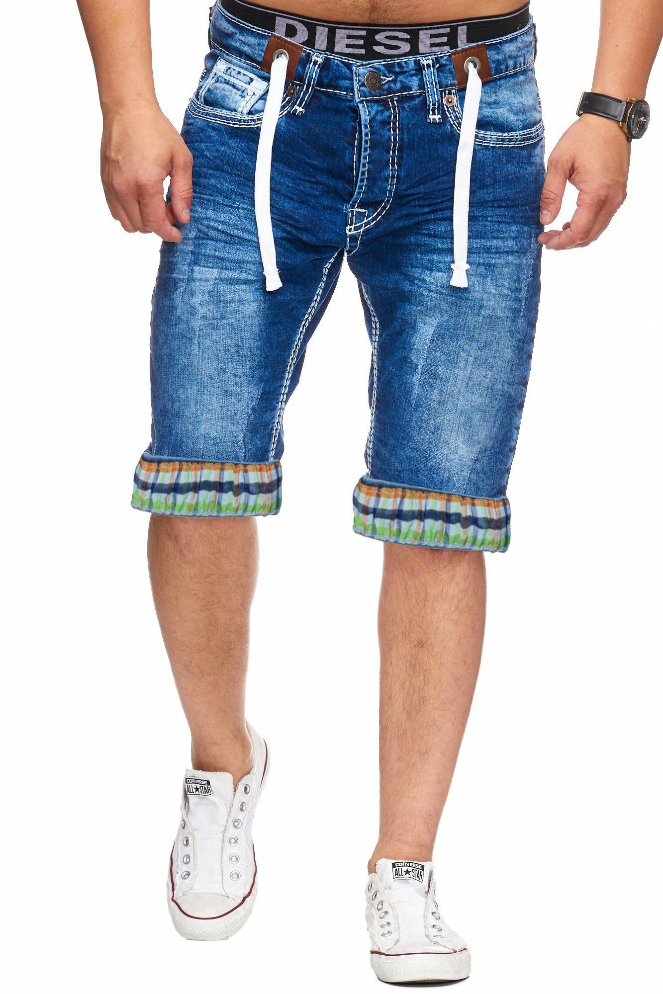 L.gonline Sweatshorts Herren Jeans Shorts, Kurze Hose, Bermuda, Dicke Naht, L-2020 (Shorts, kurze Jeans, kurze Hose, 1-tlg) mit dicker farbiger Naht H-Weiß