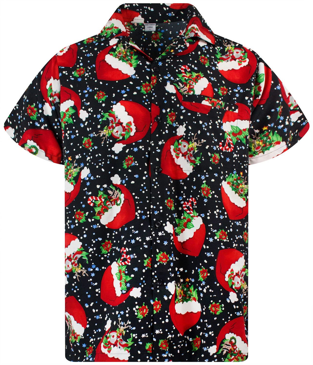 King Kameha Hawaiihemd Christmas Flying Hats Funky Hawaii-Hemd Kurzarm Front-Tasche Unisex