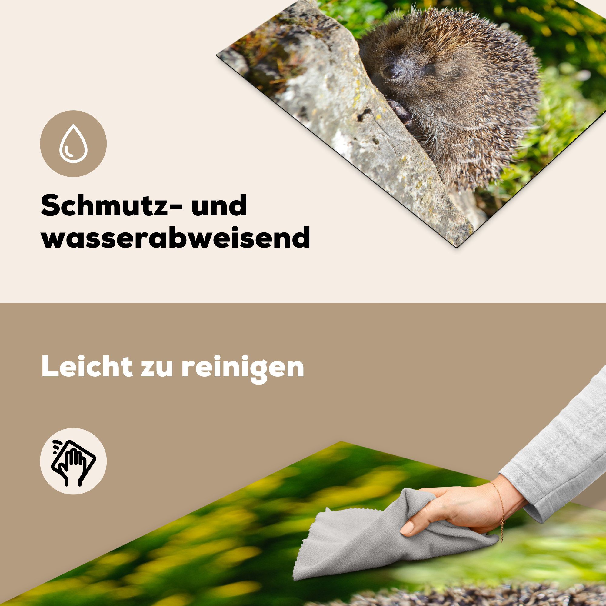 nutzbar, Igel MuchoWow Arbeitsfläche Herdblende-/Abdeckplatte liegt (1 Ceranfeldabdeckung auf einem cm, Mobile tlg), Vinyl, 60x52 Baumstumpf,