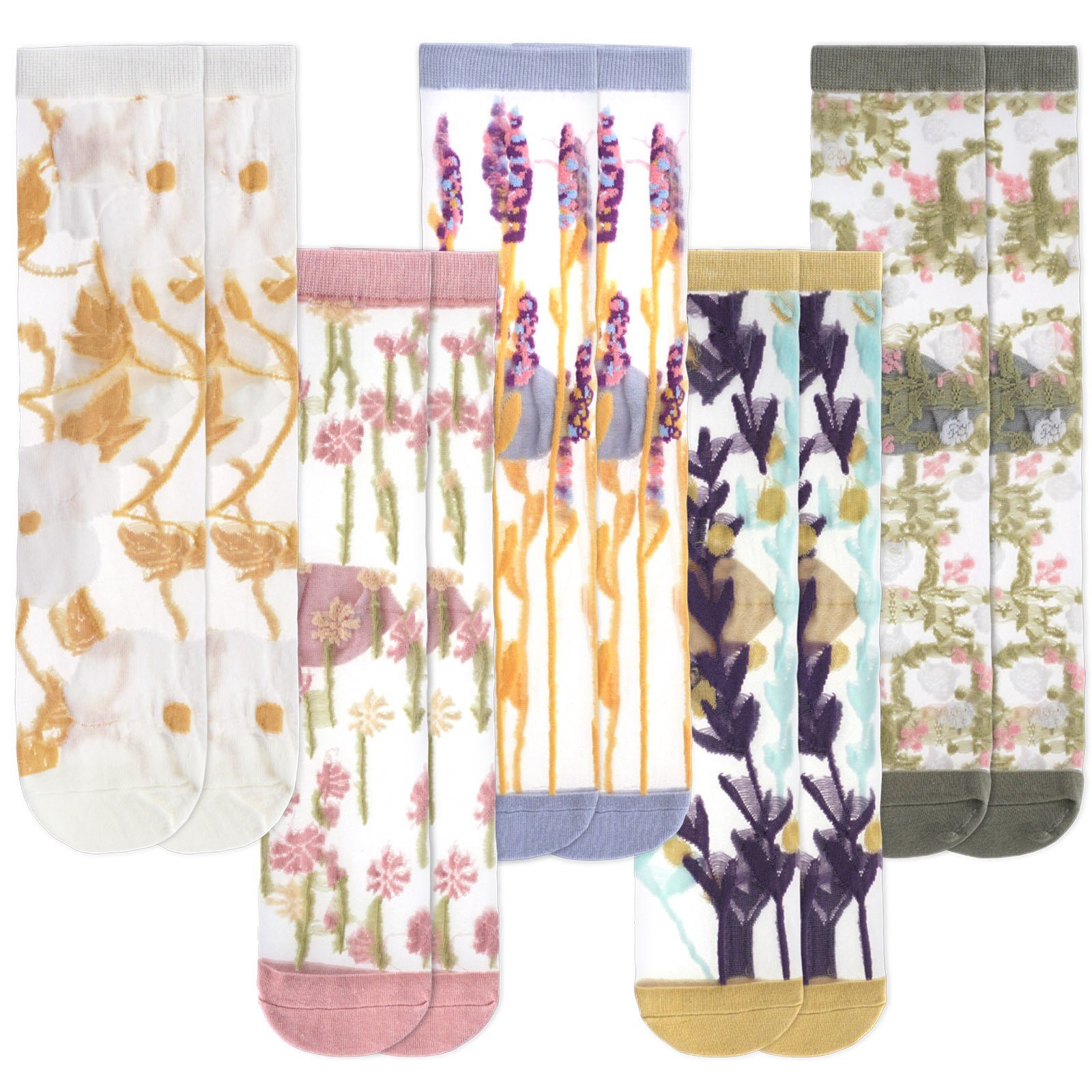 glänzende Damen Strümpfe GalaxyCat (10-Paar) mit Damen Socken Transparente & Transparente Blumen Pflanzen, Damensocken